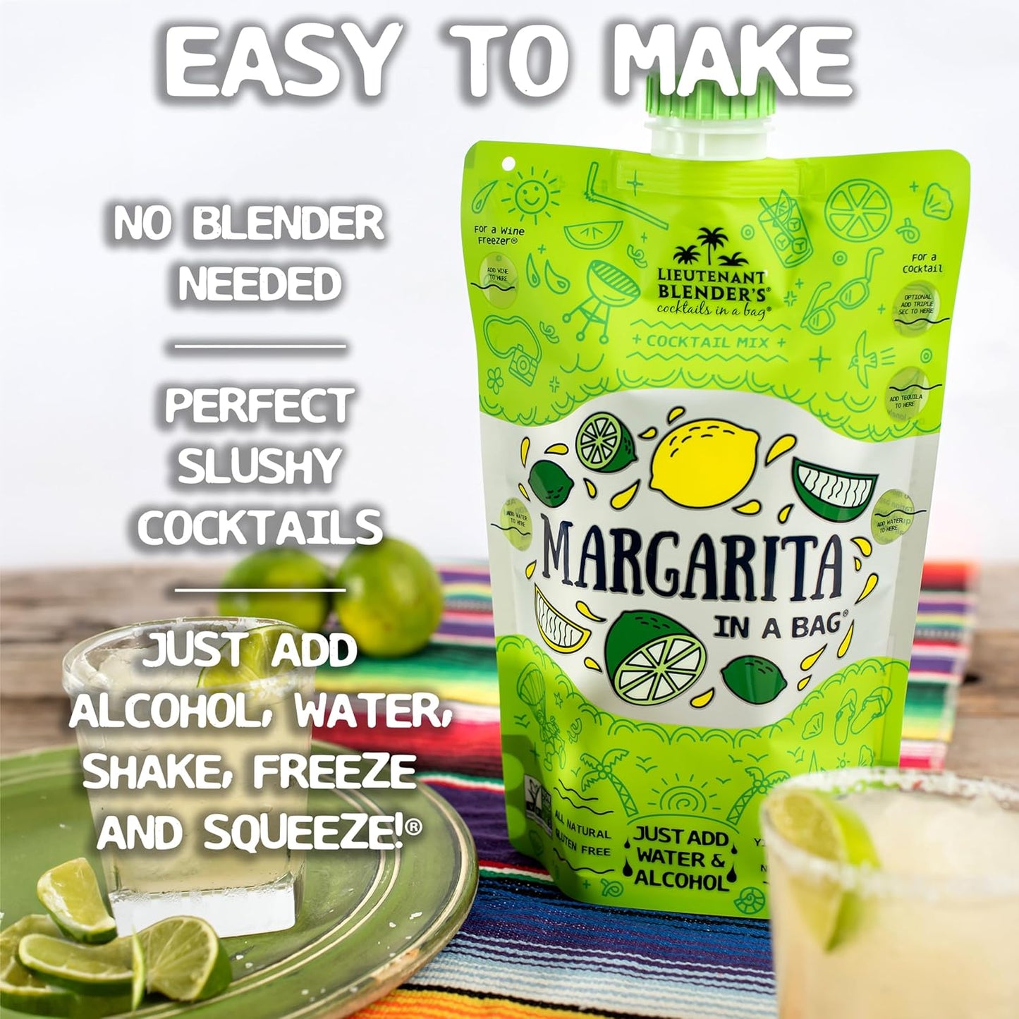 Lt. Blender's Margarita in a Bag - Margarita Mix - Each Bag Makes 1/2 Gallon of Frozen Margaritas – Non-GMO Cocktail Mix - No Blender Needed – Add Liquor, Wine or as a Mocktail (Pack of 5)