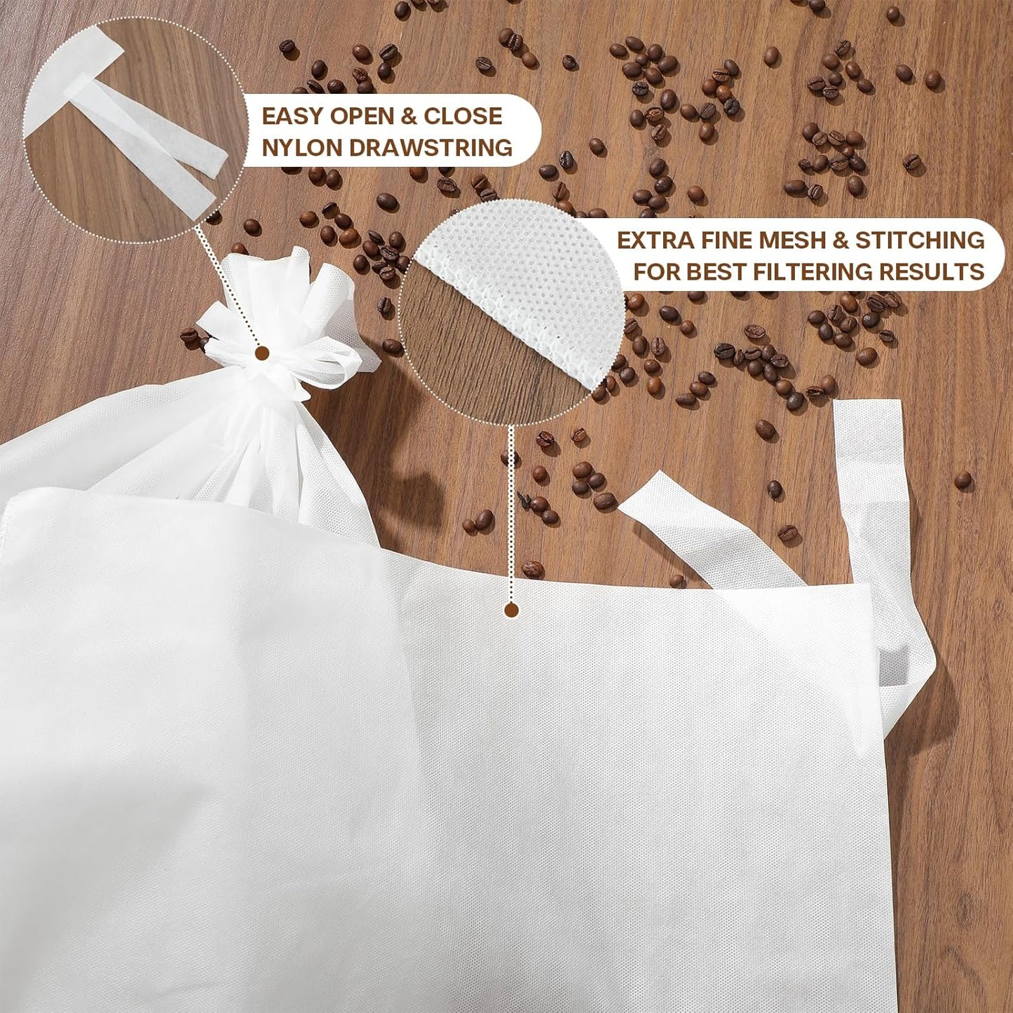 50Pcs Commercial Cold Brew Coffee Filters for 5 Gallon Buckets, 20" X 20" Disposable Coffee Filters with Drawstring for Brew Up To 5 LBS Coffee