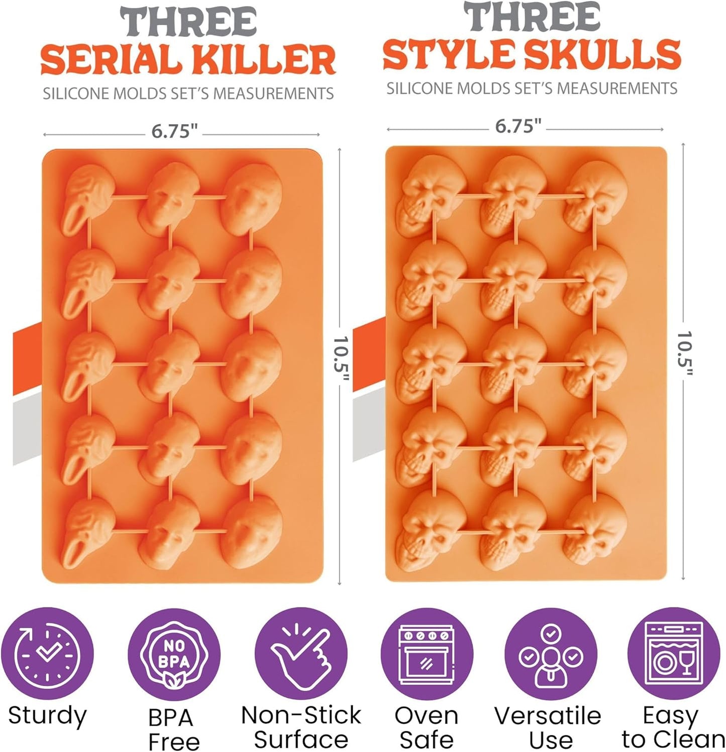 ShapedIceMolds Horror Movie Character Molds – Halloween Silicone Molds for Chocolate, Candy, Resin, Crafts – 3D Scary Film Icons for Party Treats & DIY Decor (Orange)