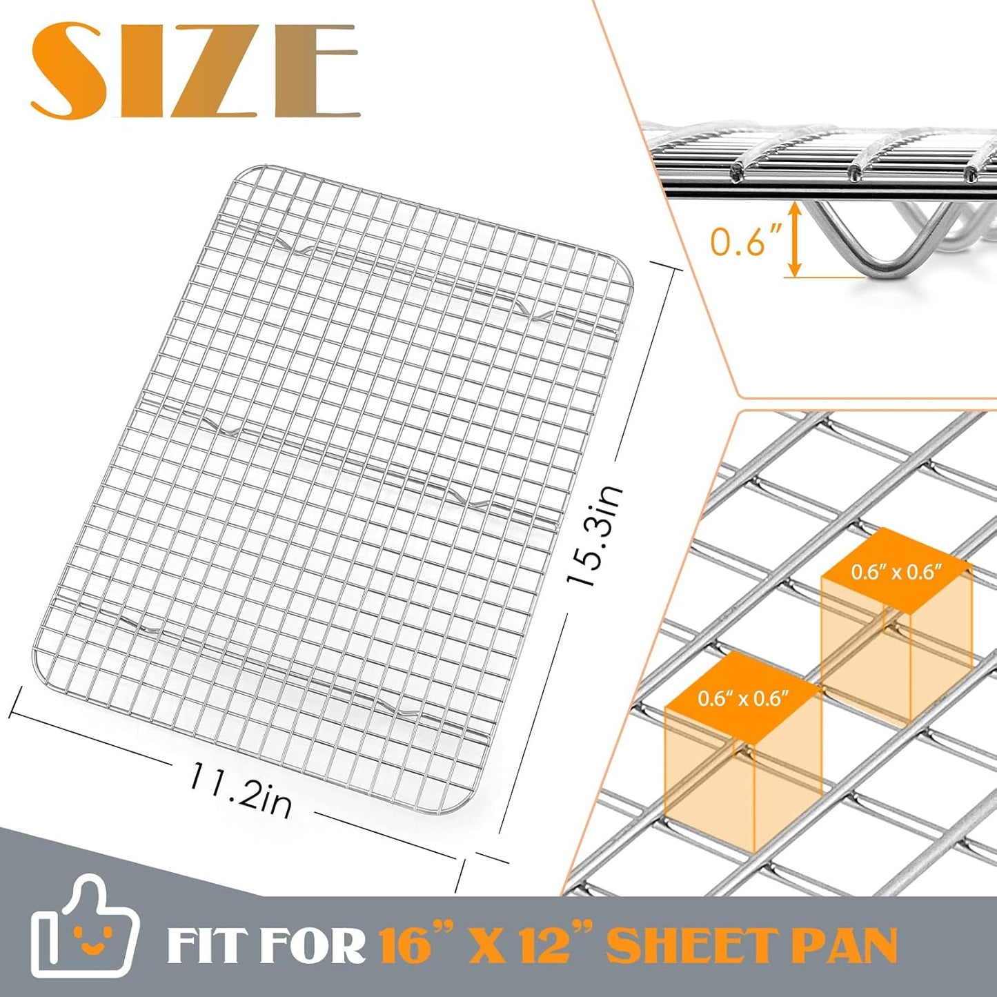 Cooling Rack Set of 2, E-far Stainless Steel Baking Rack for Oven Roasting Cooking Bacon Cooling Cookie Cake, 15.3” x 11.2” Metal Bakeable Mesh Grilling Wire Racks, Non-toxic & Dishwasher Safe