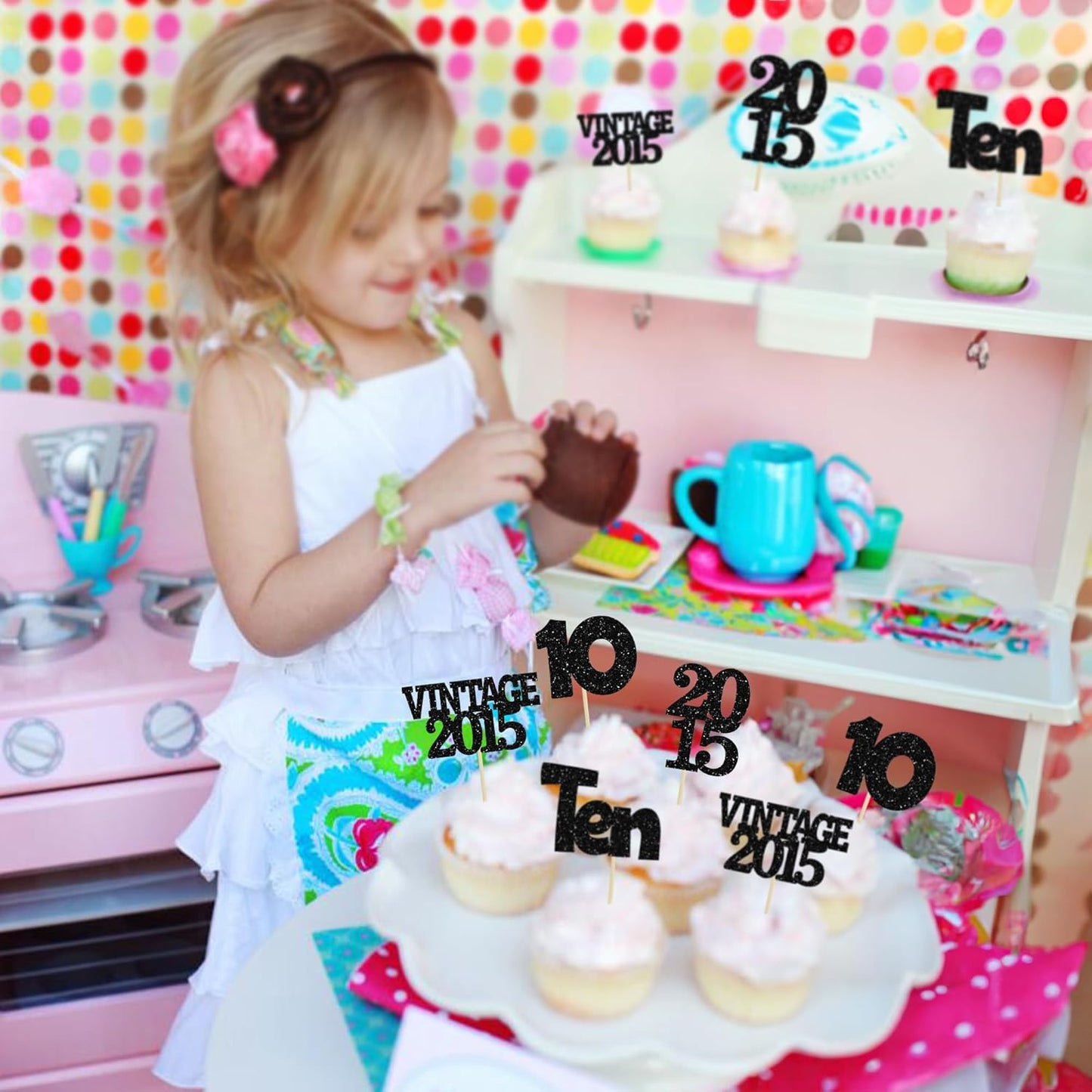 Gyufise 24Pcs 10th Birthday Cupcake Toppers Glitter Ten Vintage 2015 Double Digits 10 Cupcake Picks Hello 10 Years Birthday Cake Decorations for Happy 10th Anniversary Party Supplies Black