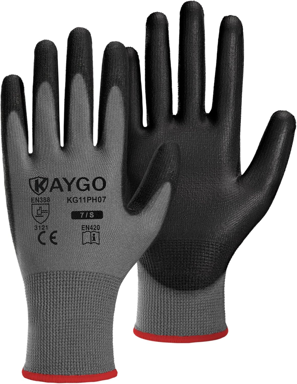 KAYGO Safety Work Gloves PU Coated, 60 Pairs, KG11PB, Seamless Knit Glove with Polyurethane Coated Smooth Grip on Palm & Fingers, for Men and Women (Small, Gray)