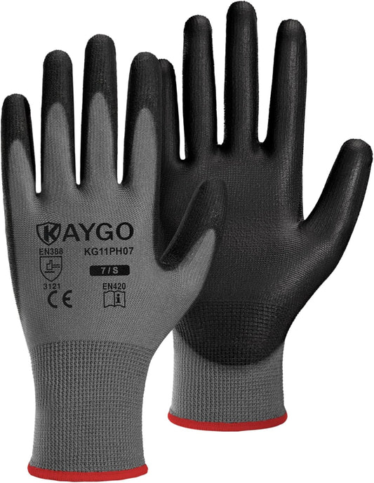 KAYGO Safety Work Gloves PU Coated, 60 Pairs, KG11PB, Seamless Knit Glove with Polyurethane Coated Smooth Grip on Palm & Fingers, for Men and Women (Small, Gray)