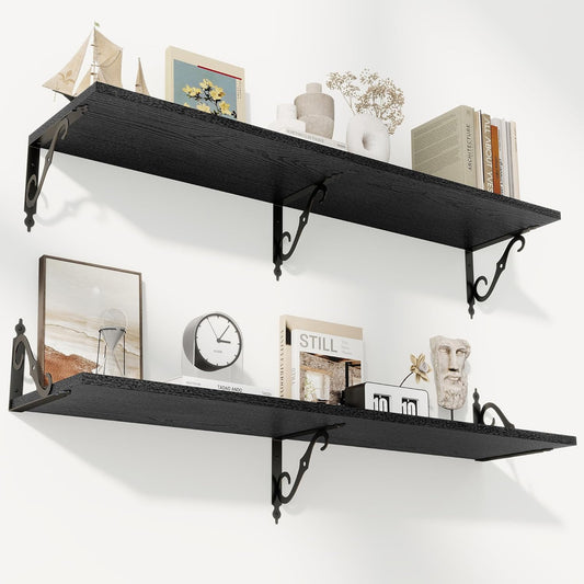 RICHFOCUS 12 Inch Deep Floating Shelves for Wall, 48" W x 12" D Black Wood Wall Shelves Set of 2, Wide Floating Shelves for Living Room, Bedroom, Kitchen, Bathroom and Decor Storage, Black
