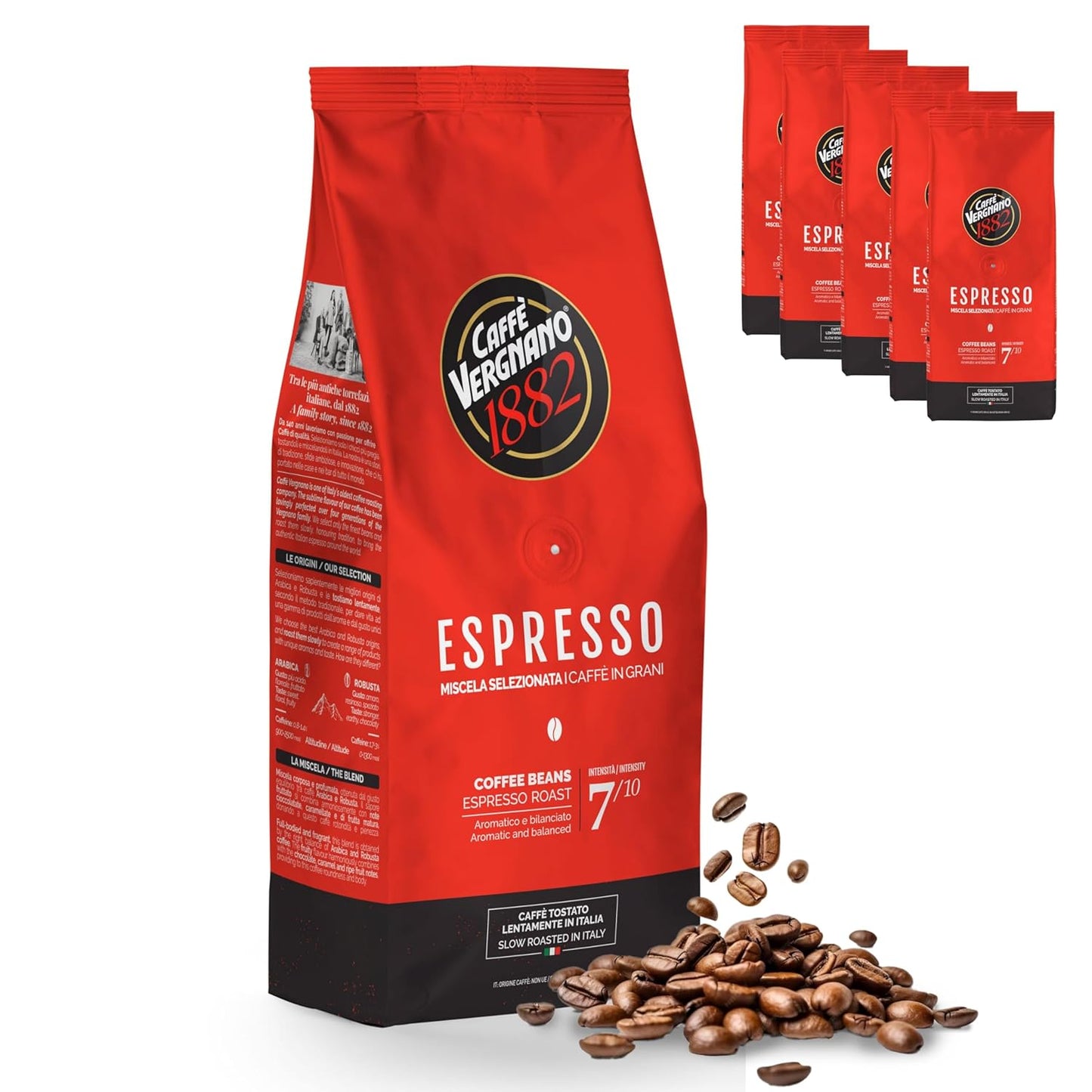 Caffe Vergnano 1882 Espresso Whole Bean Arabica Roast Coffee, 1.1 lb bag - Italian Medium Roast Coffee Beans with notes of Chocolate, Nuts & Caramel, Intensity 7/10-500g Bag (6 Pack)