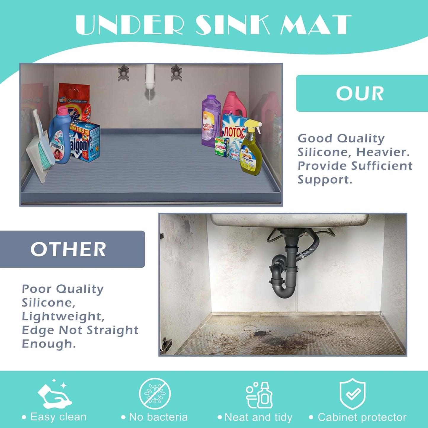 URMONA Waterproof Silicone Under Sink Mat 34'' x 22'' Shelf Liner for Kitchen and Bathroom, Cabinet and Counter Protector, Storage and Organizers, Litter Mat, Pet Cat Puppy Essentials(Light Grey 1pcs)