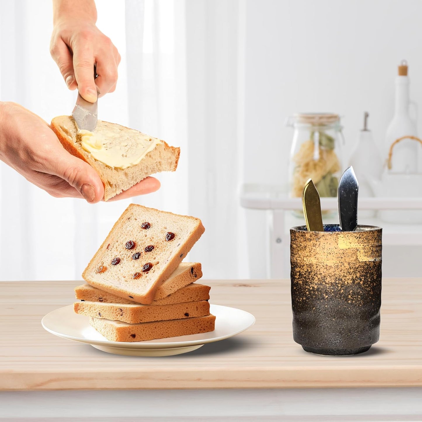 Ceramic Spoon Holder for Coffee Bar, Upright Tea Spoon Holder Cup, Coffee Stirrers Straws Stir Stick Holder, Black Starry Sky