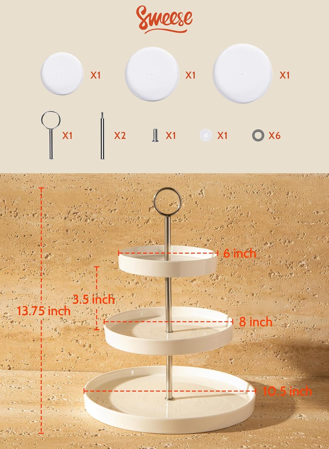 Sweese Porcelain 3-Tier Cupcake Stand - Elegant White Cake Stand for Desserts, Tiered Serving Tray for Parties, Weddings, Birthdays - Durable Stainless Steel Rods