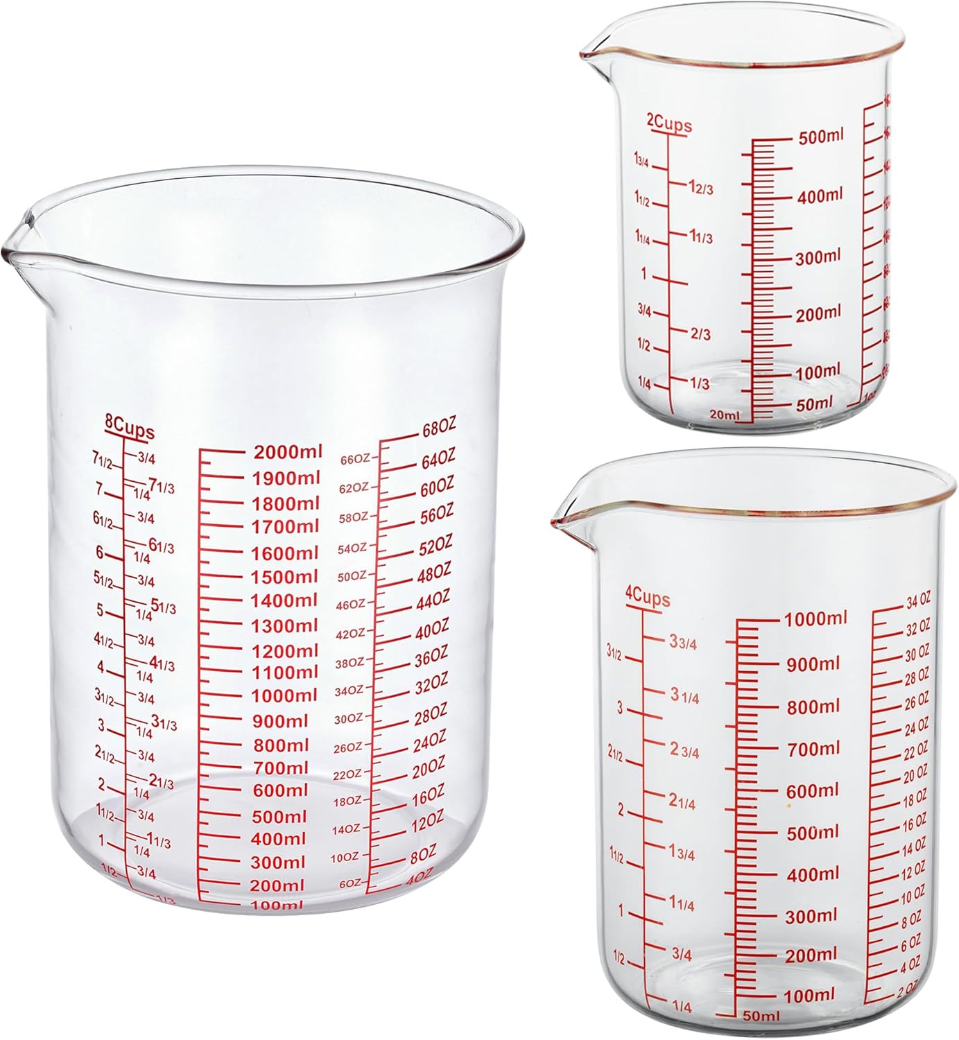 3 Piece Glass Measuring Cup Set, Includes 2-Cup, 4-Cup, and 8-Cup High Borosilicate Glasss Liquid Measuring Cups, Dishwasher, Freezer, Microwave, and Preheated Oven Safe, Essential Kitchen Tools