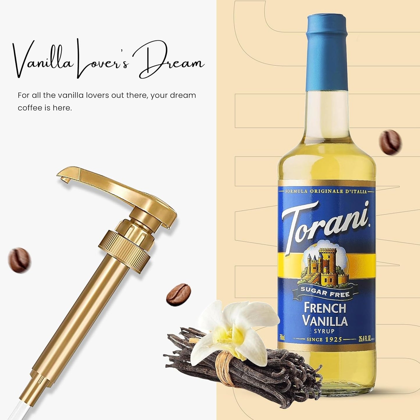 Jimoco® Syrup Pump Dispenser + Torani® Sugar Free French Vanilla Syrup, 25.4 oz - Coffee Syrup Pump & Flavoring Bundle