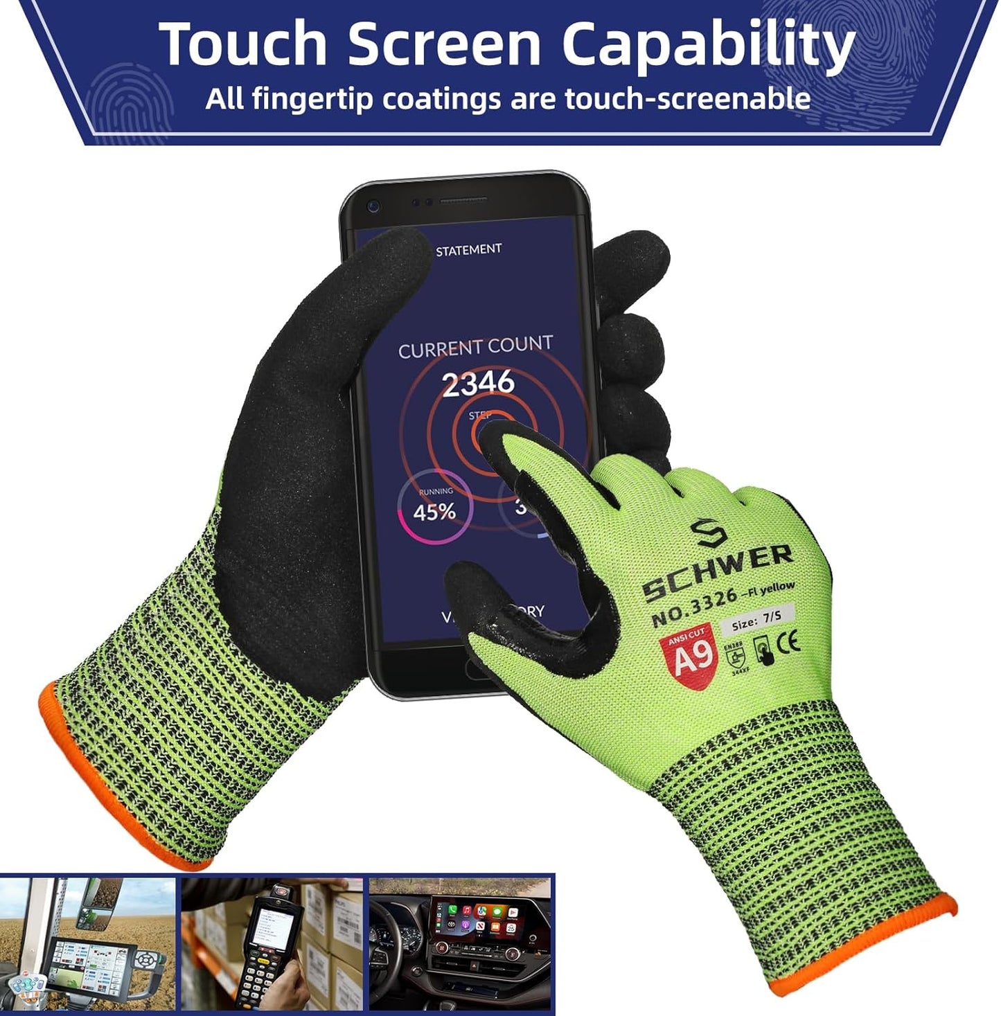 Schwer ProGuard Highest Level Cut Resistant Work Gloves PR3326 for Extreme Protection, ANSI A9 Working Gloves with Sandy Nitrile Coated, Touch-screen, Durable, Washable, Non PFAS, Yellow 1 Pair L