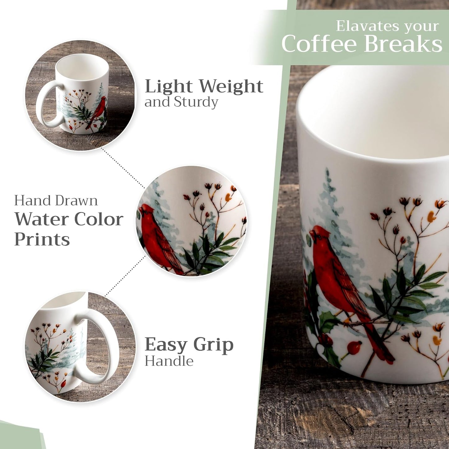 Maison d' Hermine Coffee Mug with Handles Fine Bone China Mugs Pack of Two Tea Cups for Hot Beverages Cappuccino Latte Home Restaurant Office Perfect for Gift (Morzine, 12 Ounce)