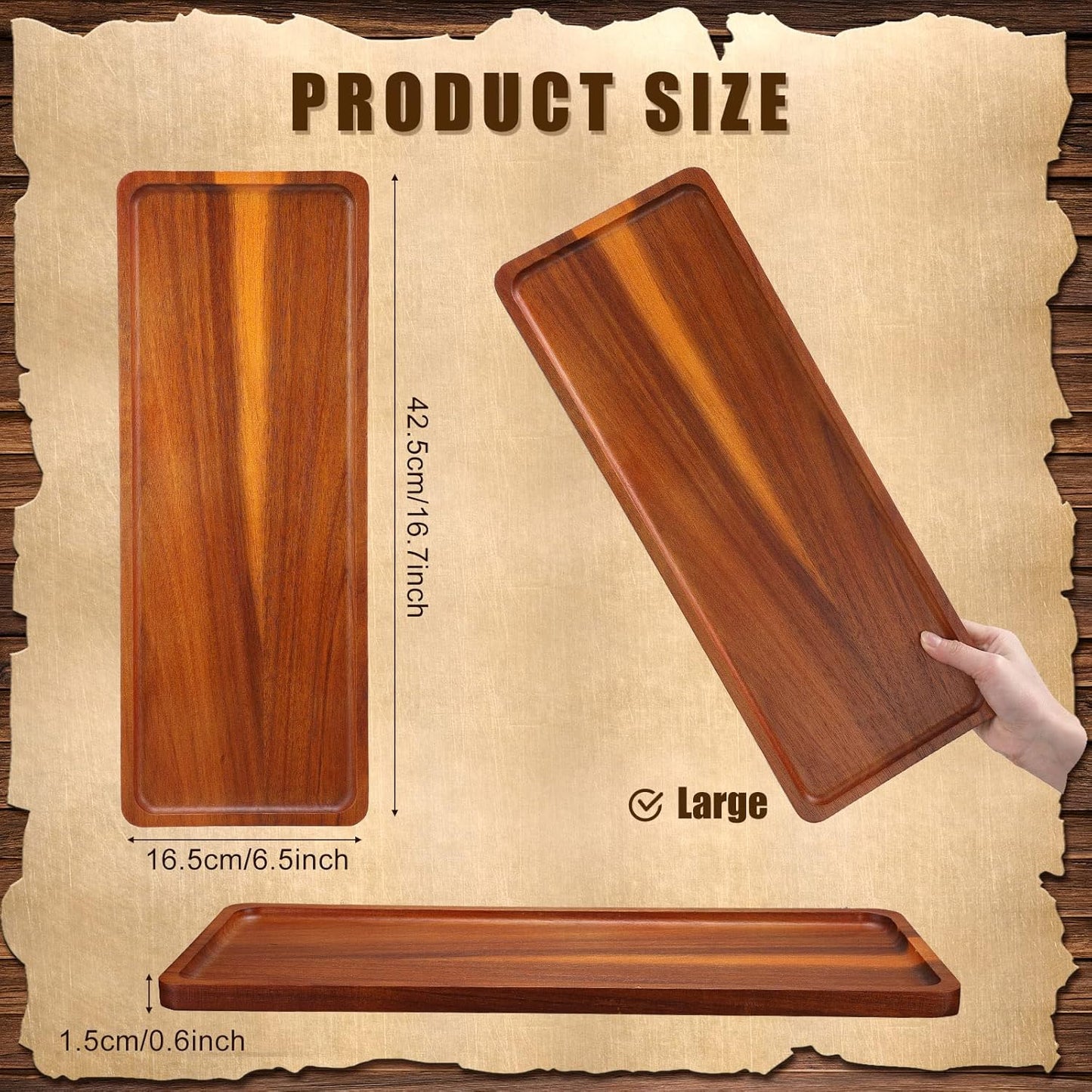 10 Pack Solid Wood Serving Trays 16.7 x 6.4 Inch Acacia Wooden Server Platter Rectangular Charcuterie Boards with Grooved Handle for Home Room Coffee Cheese Appetizer Table Farmhouse Serving Decor