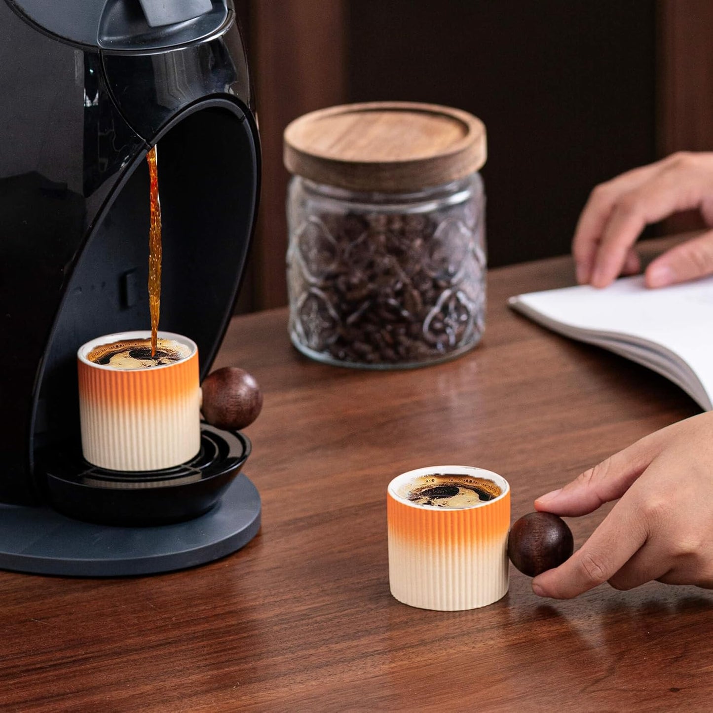 Ceramic Mini Espresso Cups Demitasse Cups with Round Wooden Handle Vertical Stripes Tea Cups (Beige&Orange, 4pcs)