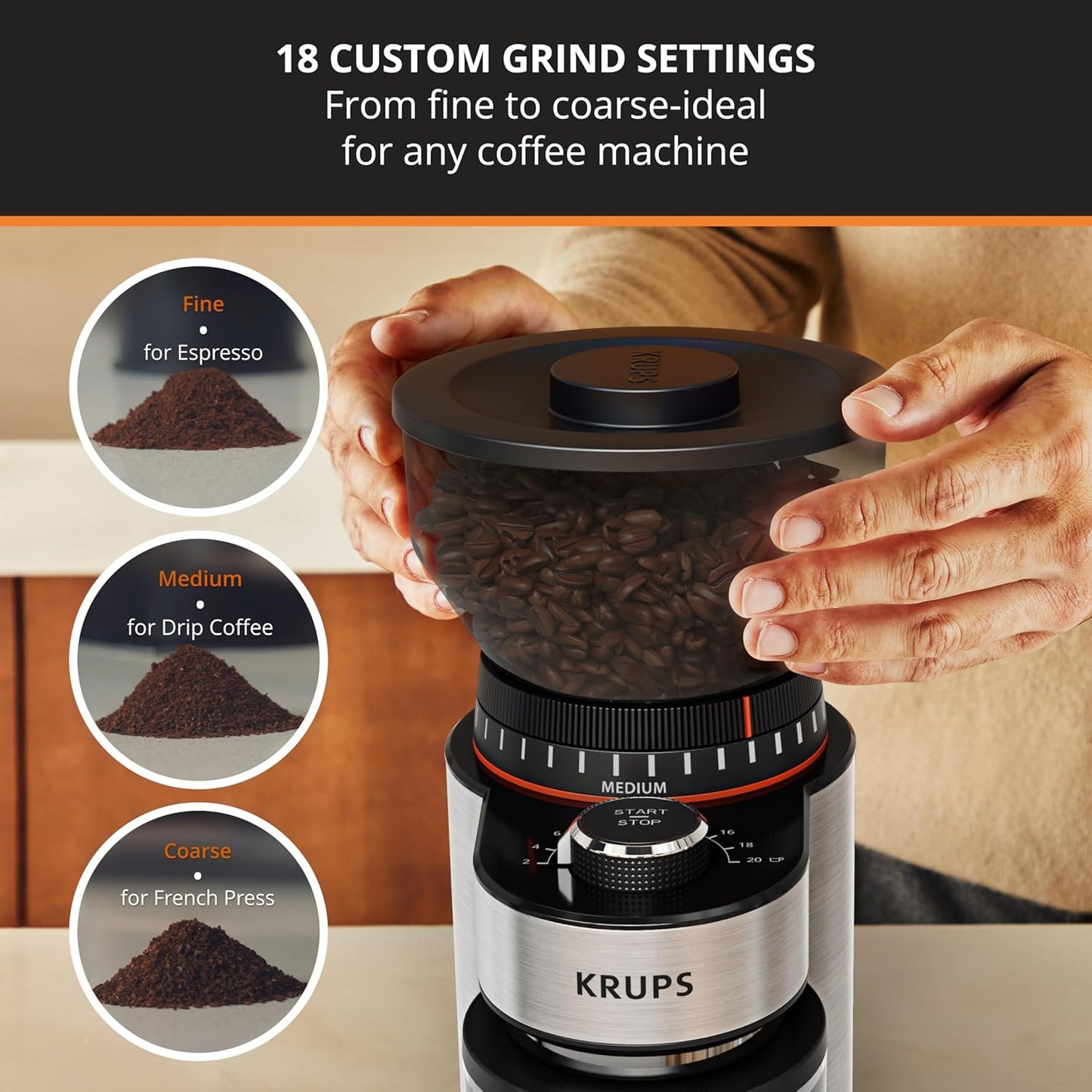 KRUPS Burr Coffee Grinder, 18 Adjustable Grind Settings, 2-20 Cups per Grind, Sinlge Touch, Spice and Coffee Bean Grinder, Stainless Steel, Black