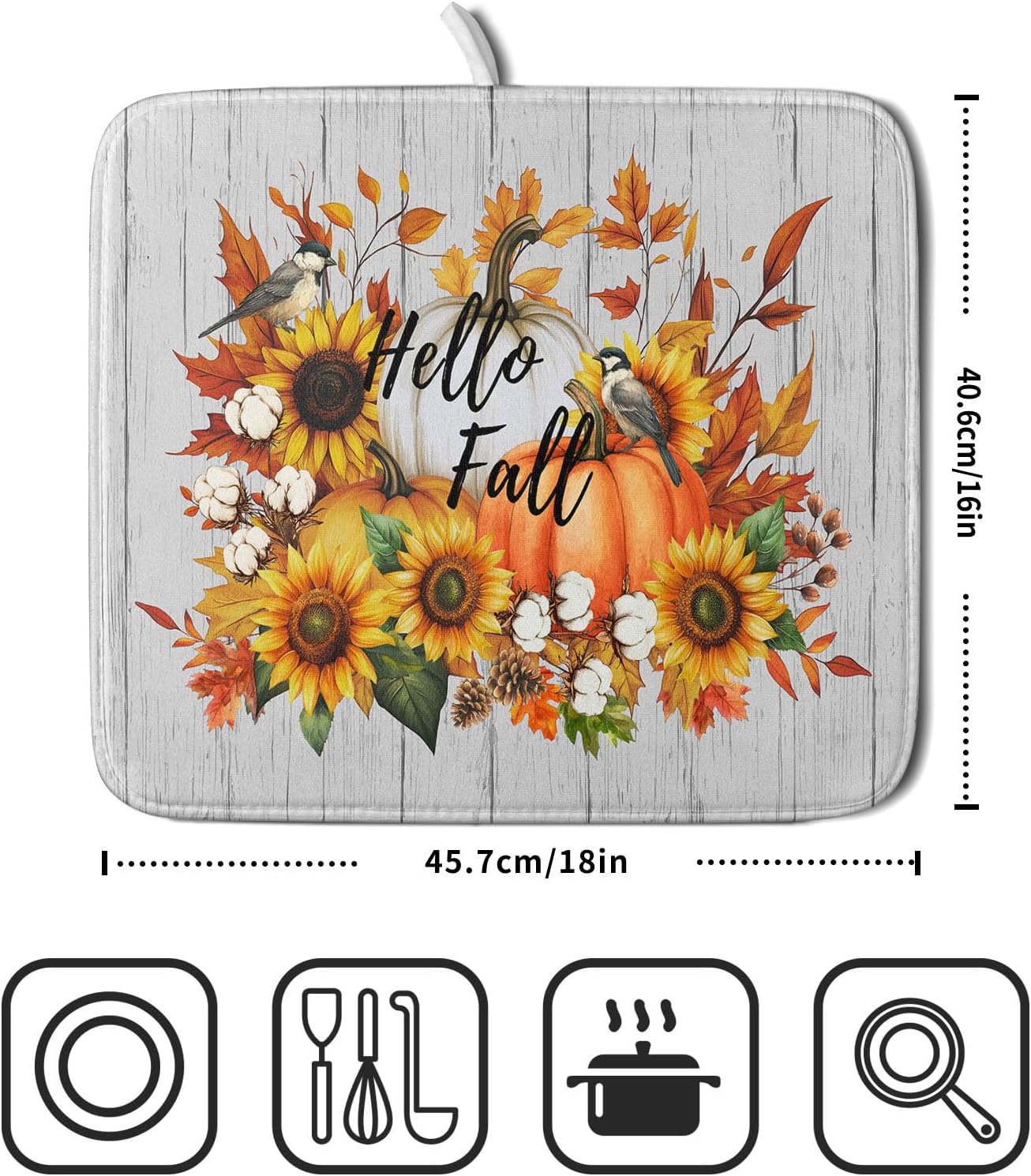 Hello Fall Sunflowers Dish Drying Mat for Kitchen Counter,Autumn Pumpkin Maple Leaves Drying Mat 16 x 18 Inch with High Absorbent Microfiber Dish Drying Drainer Mat for Coffee Bar