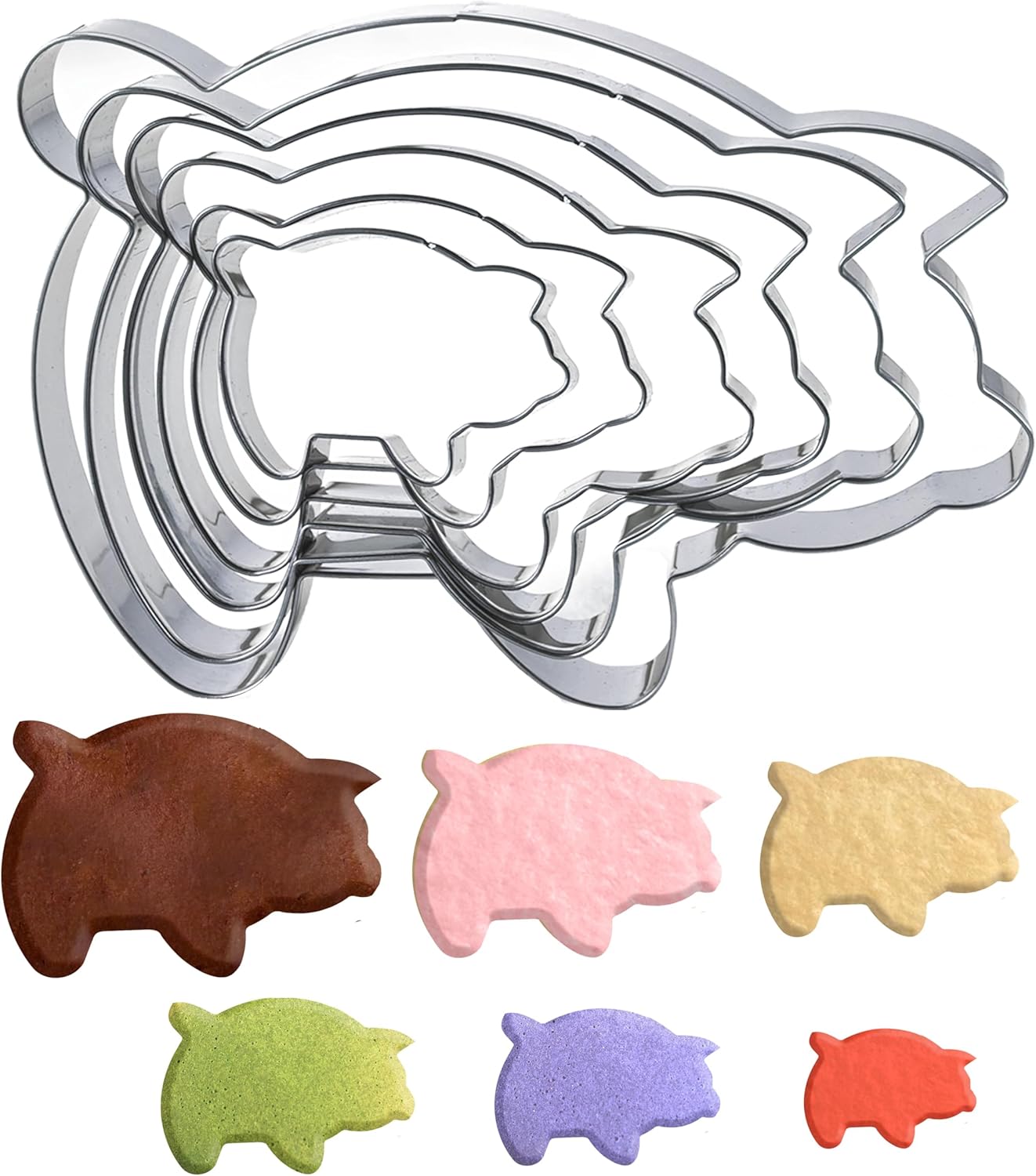 6PC Stainless Steel Pig Cookie Cutters Mexican - 5.5", 4.5", 4", 3.5", 2.5", 2.0"，Perfect for Mexican Concha Bread - Concha Cutter and Concha Stamp，Baking Tools for Pig Shaped Pastry and Bread Making