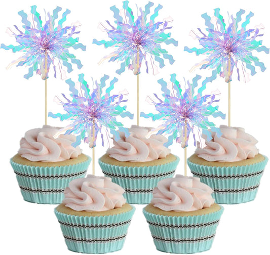 Gyufise 20Pcs Foil Firework Cupcake Toppers Happy Birthday Cake Toppers Sparkle Tinsel Flower Drink Stirrers Cocktail Food Fruit Toothpicks for Valentine's Day Party Supplies Light Blue
