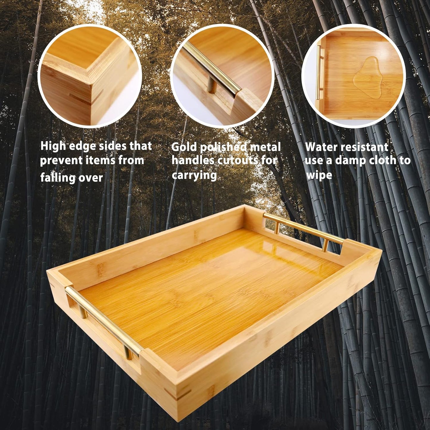 Bamboo Wood Serving Tray with Gold Polished Metal Handles, Decorative Tray Platter Coffee Table Tray Rectangular Wooden Breakfast Tray for Ottoman, Kitchen, Bedroom, Lap &Couch - 15x10.4 Inch