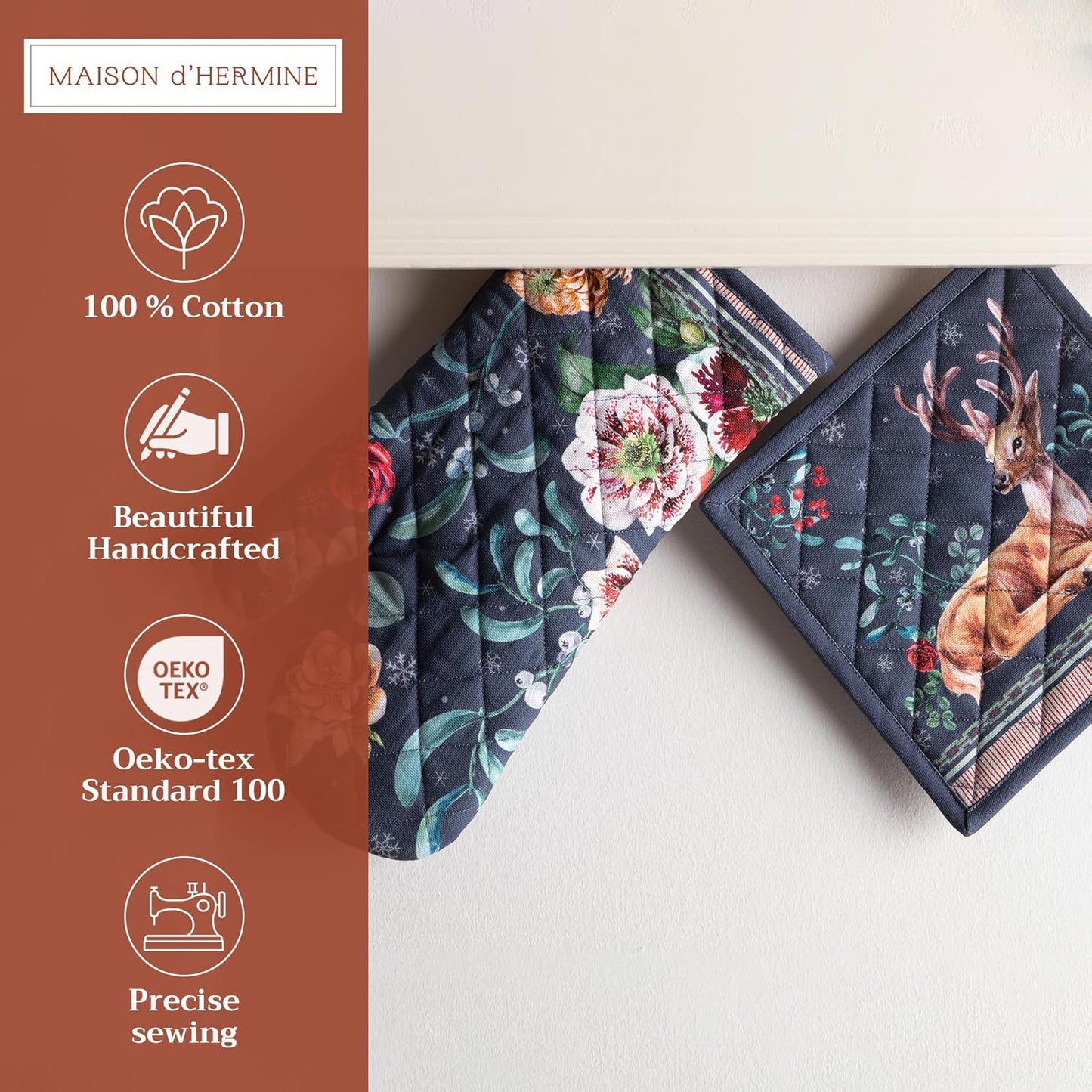 Maison d' Hermine 100% Cotton Oven Mitt & Pot Holder Set (7.5"x13" & 8"x8") Heat Resistant BBQ Cooking Gloves with Loop, Baking, Grilling, Kitchen, Handling Hot Pans (Christmas Joy)