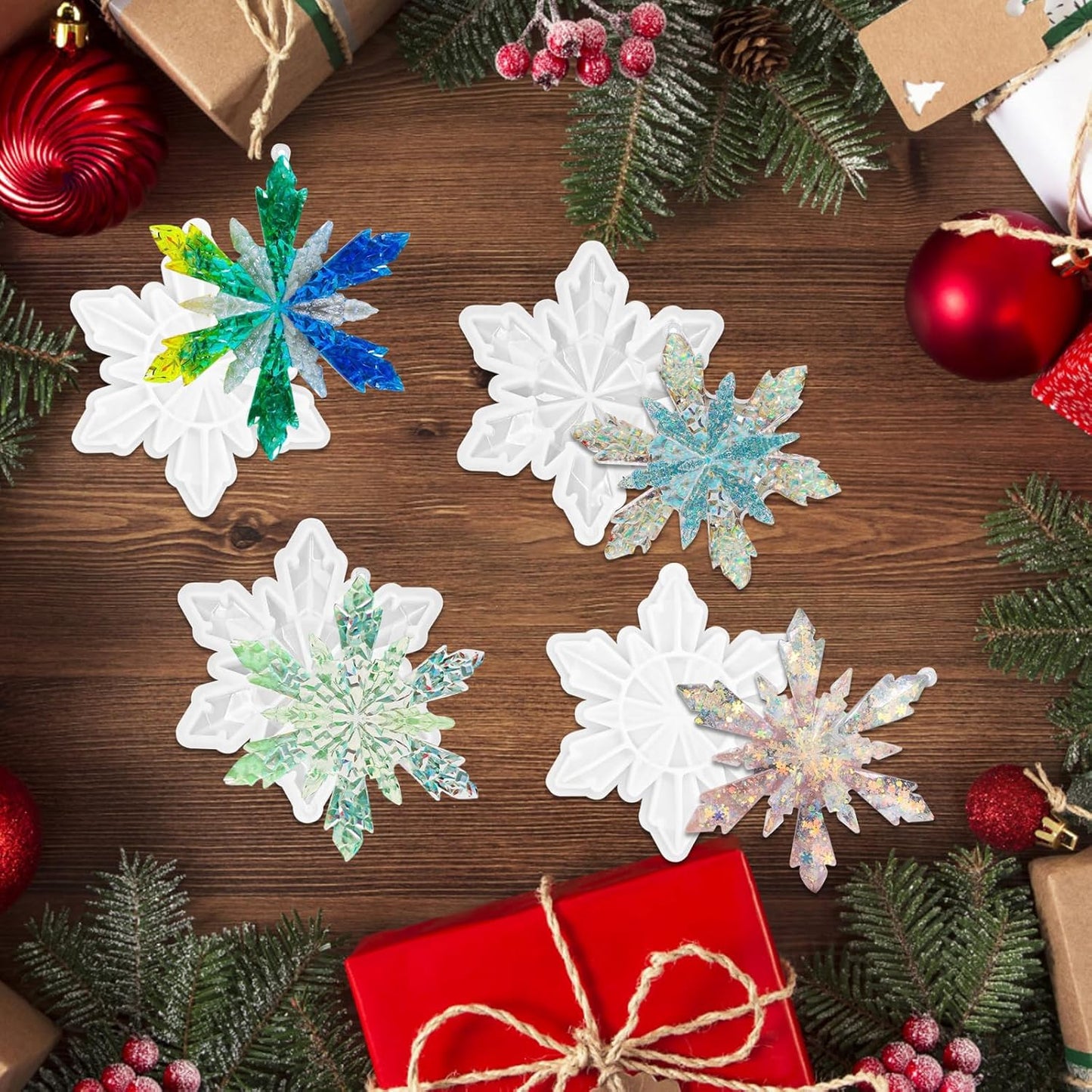 4Pcs Christmas Snowflake Silicone Mold Resin Ornament Molds for Epoxy Resin, DIY Xmas Pendant Home Decoration