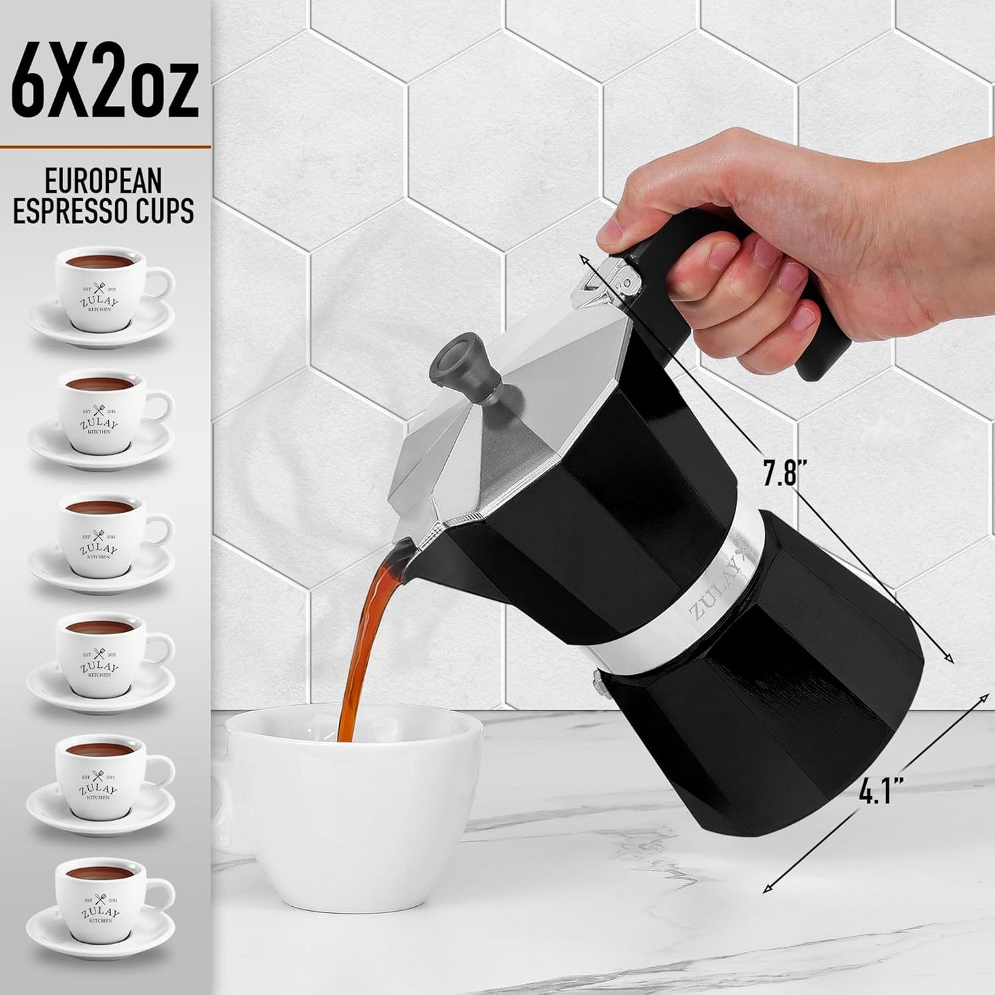 Zulay Moka Pot Espresso Stovetop Coffee Maker - Leak-Proof, Stainless Steel, Easy to Clean, Heat Resistant Handle & Knob - for Authentic Cuban & Italian Style Espresso - Makes 6 Espresso Cups - Black