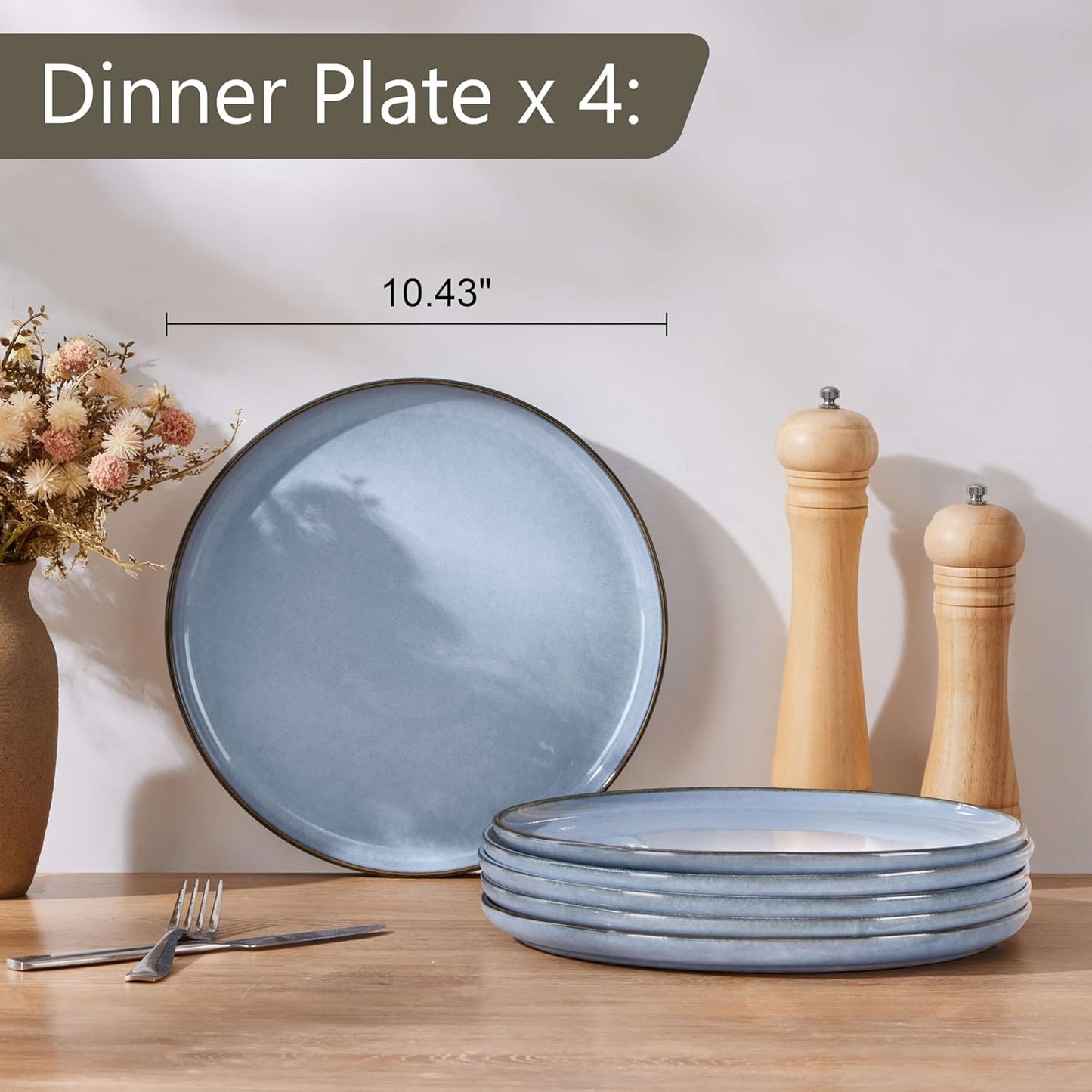 Herogo 6-Piece Stoneware Dinner Plates Set, 10.43" Ceramic Round Plate Set, Handmade Double Reactive Glaze Dinnerware Plates for Kitchen, Microwave, Oven and Dishwasher Safe, Haze Blue