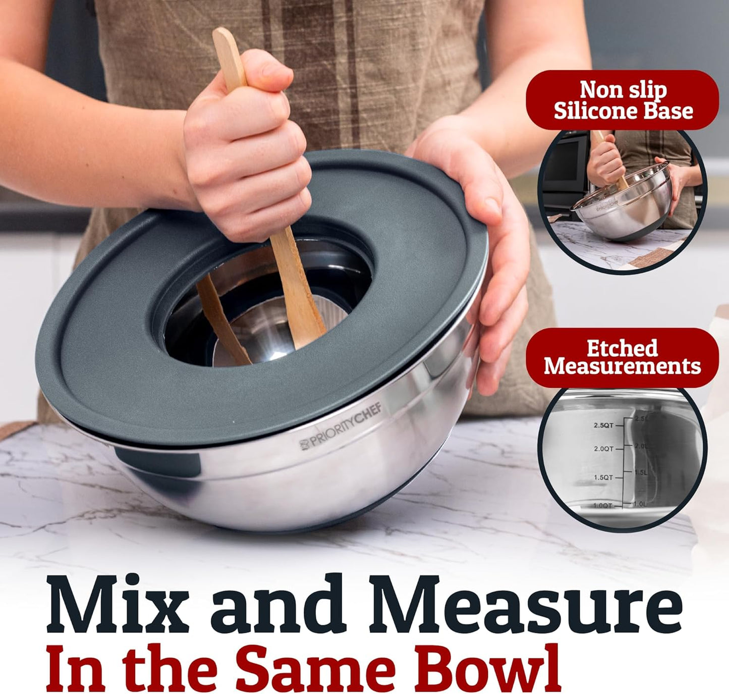 Priority Chef Stainless Steel Mixing Bowls with Lids Set - Premium 30Pcs with 6pc Metal Bowl Set for Kitchen, 3 Graters, Airtight Lids, Non-Slip Bases & Silicone Utensils, Grey