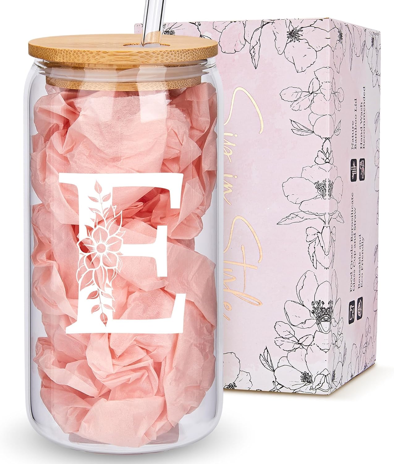 Personalized Gifts for Women, Monogrammed Glass Cups with Lids and Straws, Custom Tumbler, Cute Customized Mug, Aesthetic Stuff, Initial Iced Coffee Cup, Drinking Glasses, Birthday Teacher Gifts, E