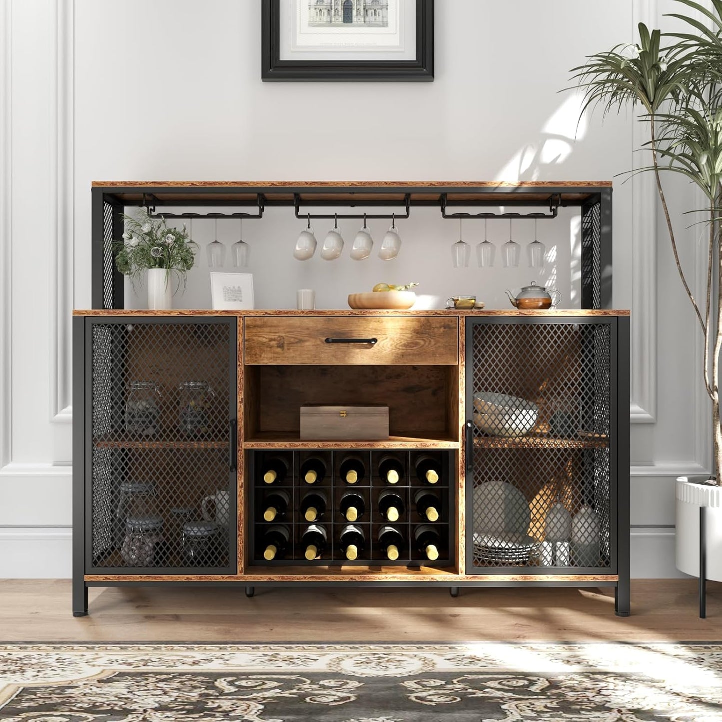 Wine Bar Cabinet with Drawer and LED Lights, 55 Inches Industry Coffee Bar Cabinet with Wine Rack and Glass Goblet Holder, Kitchen Sideboard Buffet Cabinet for Liquor and Goblet