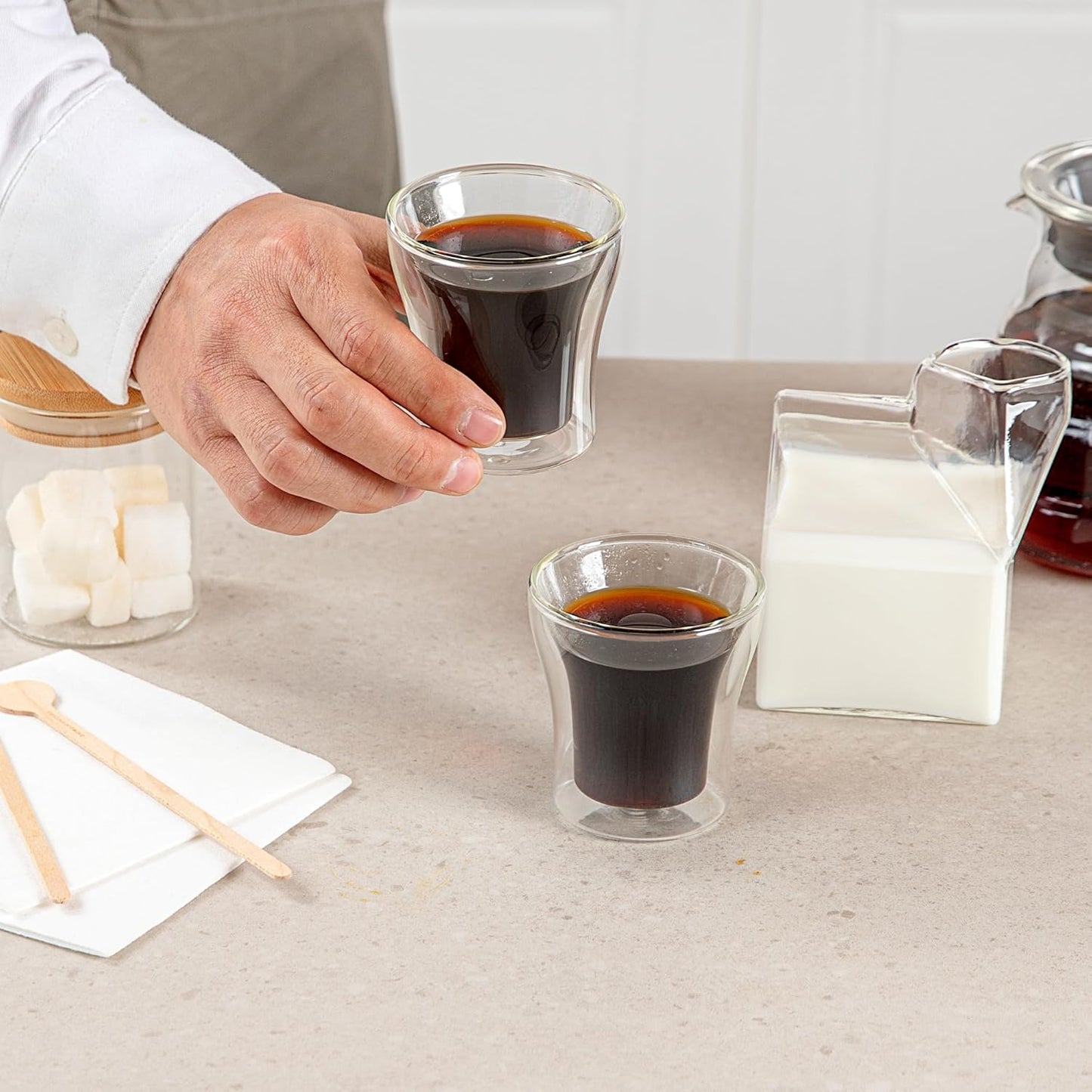 Restaurantware-Forma Professional 3.4 oz Double Wall Shot Glasses, 12 Insulated Espresso Cups - Dishwashable, Reusable, Clear Glass Coffee Cups, Freezable, For Hot Or Cold Beverages