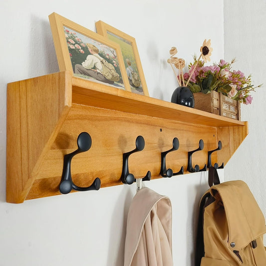 SKOLOO Wall Shelf with Hooks, 35-Inch Brown Coat Rack Wall Mount with Shelf Organizer - Lightweight & Sturdy, 5 Tri Hooks - Perfect for Entryway, Hallway, Living Room, Bedroom, Mudroom