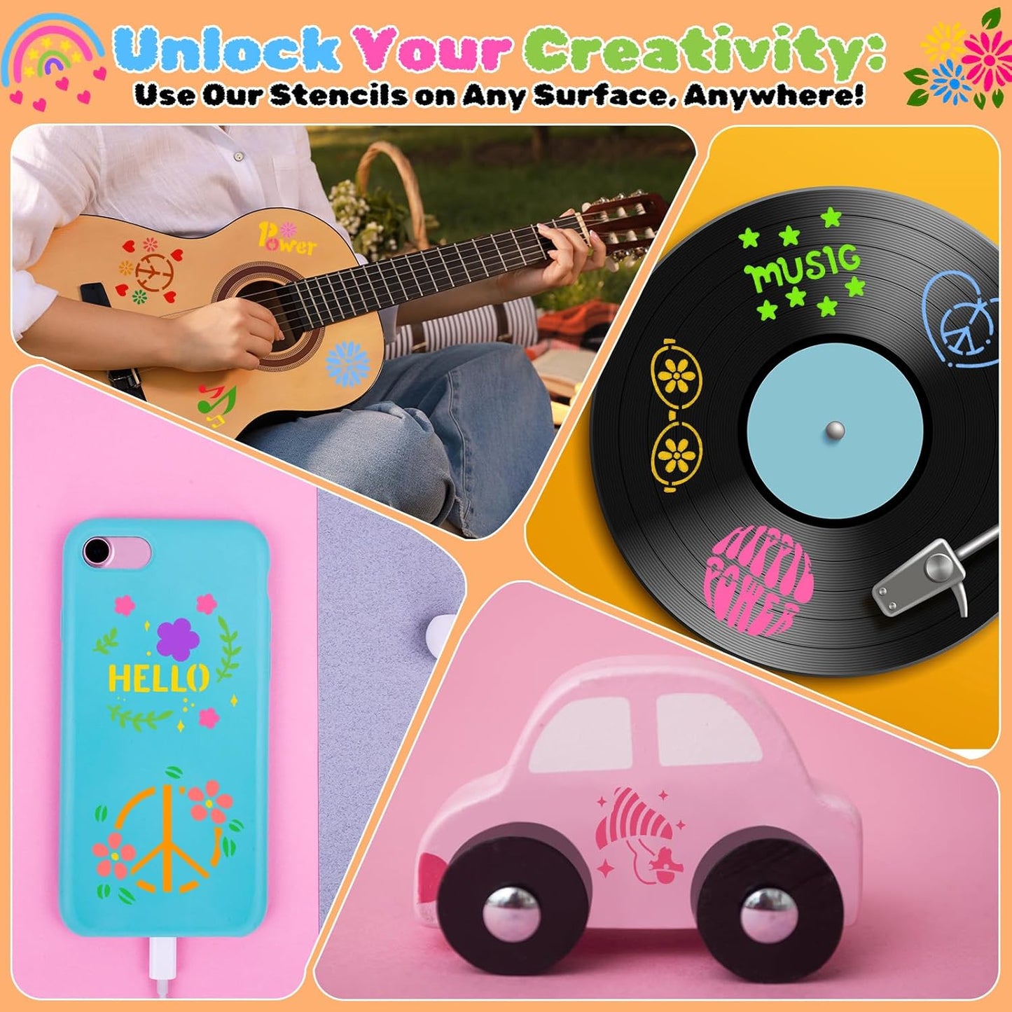 Fainne 100 Pcs Stencils for Painting on Wood Reusable Stencil Crafts Drawing Templates Holiday Wall Paper for DIY Scrapbook Home 2 x 2 Inch (Groovy Party)