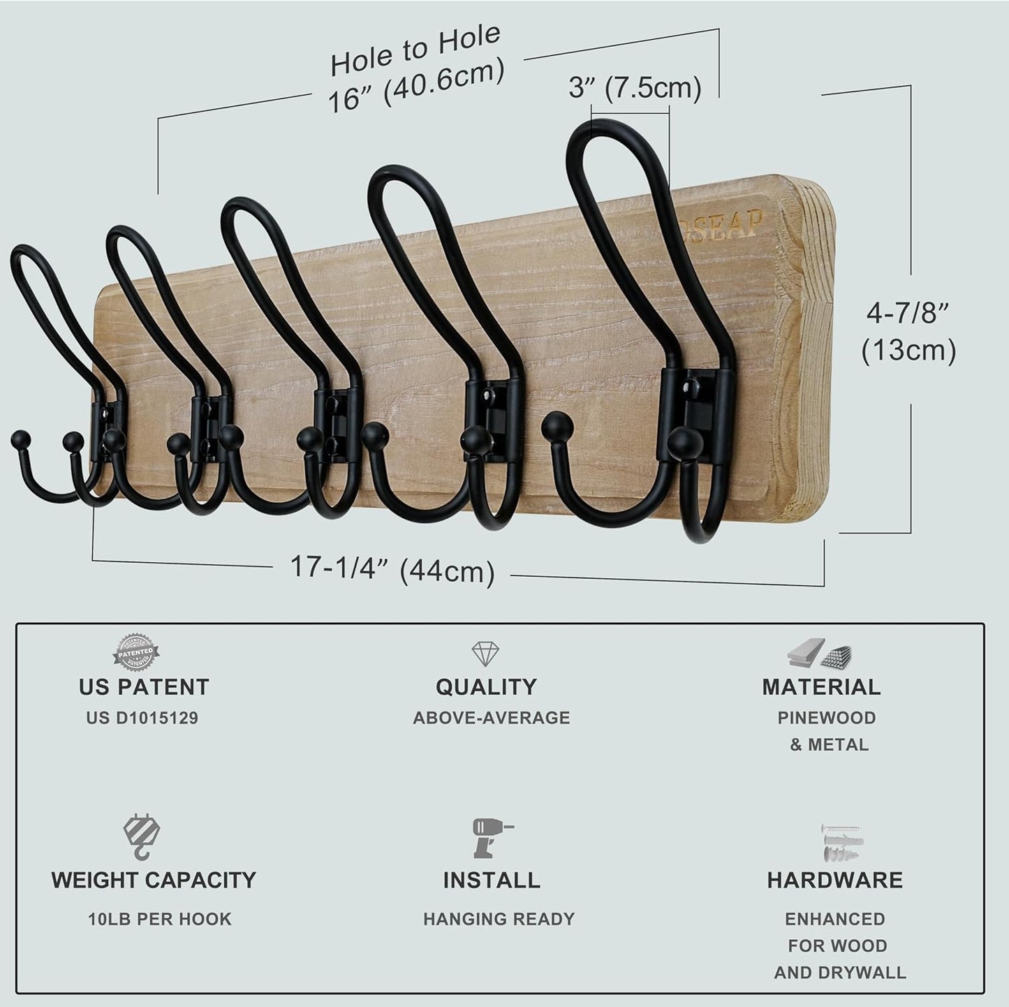Dseap Coat Rack Wall Mounted - Heavy Duty Farmhouse Rustic Wall Coat Hanger with 5 Wire Hooks for Clothes Hat Jacket Towel, RusticWire, J1-5A, Weathered Brown & Black