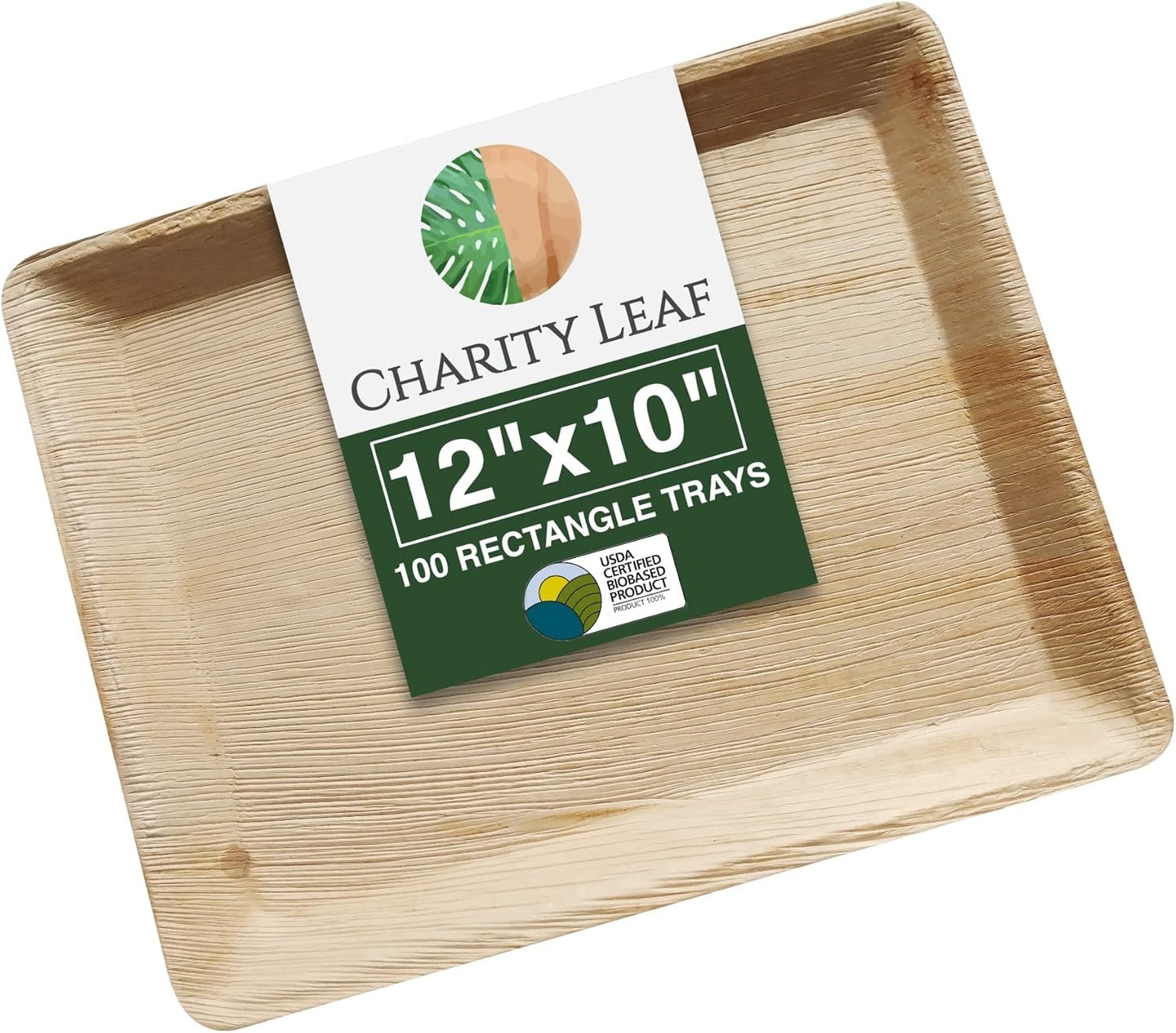 Charity Leaf Disposable Palm Leaf 12" x 10" Trays (100 pieces) Bamboo Like Serving Platters, Disposable Boards, Eco-Friendly Dinnerware For Weddings, Catering, Events