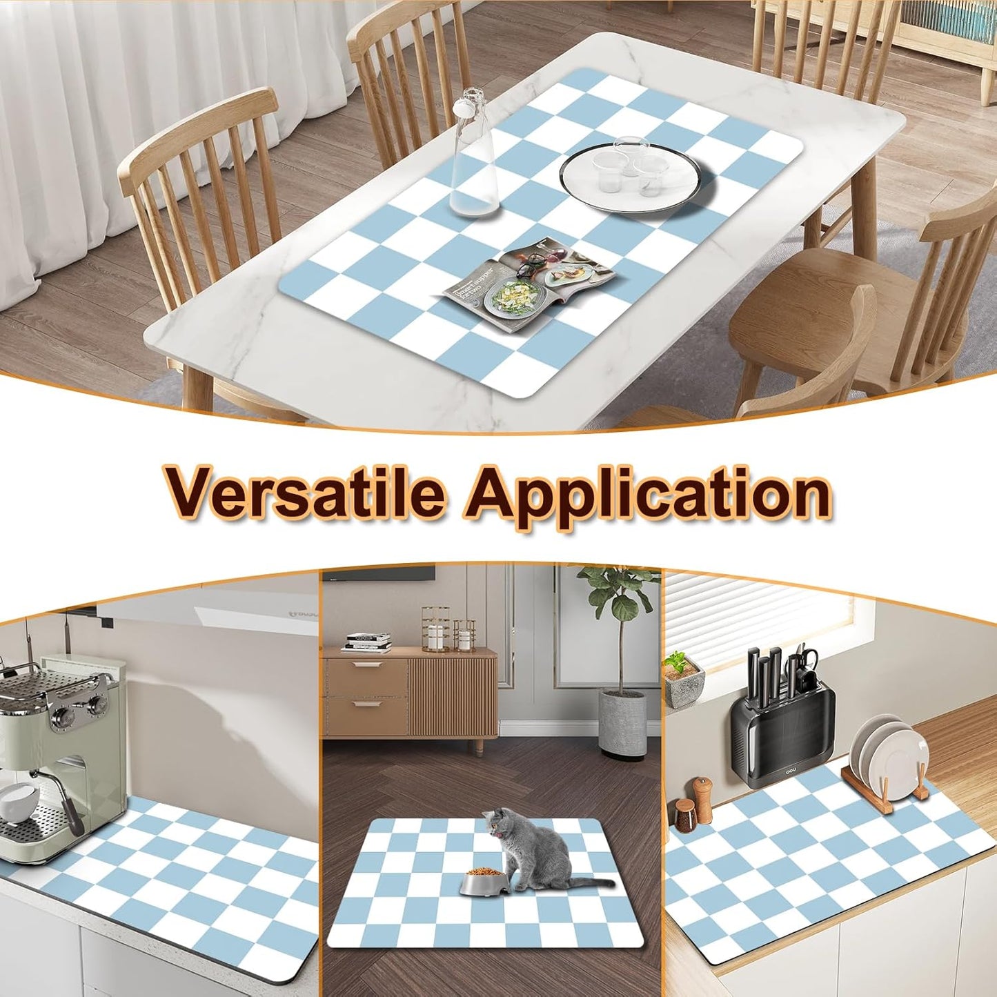 Dish Drying Mat for Kitchen, 15.7'' x 23.6'' Checkered Coffee Bar Mat for Countertops, Coffee Station Mat with Non-slip Rubber Backed, Absorbent Dish Dying Pat for Kitchen Counter, Blue & White