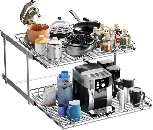 HOLDN’ STORAGE Two Tier Pull Out Cabinet Organizer, Individual Sliding Drawers - Heavy Duty Metal with Lifetime Limited Warranty - Anti Rust Chrome Finish - 26" W x 21”D x 16.5" H