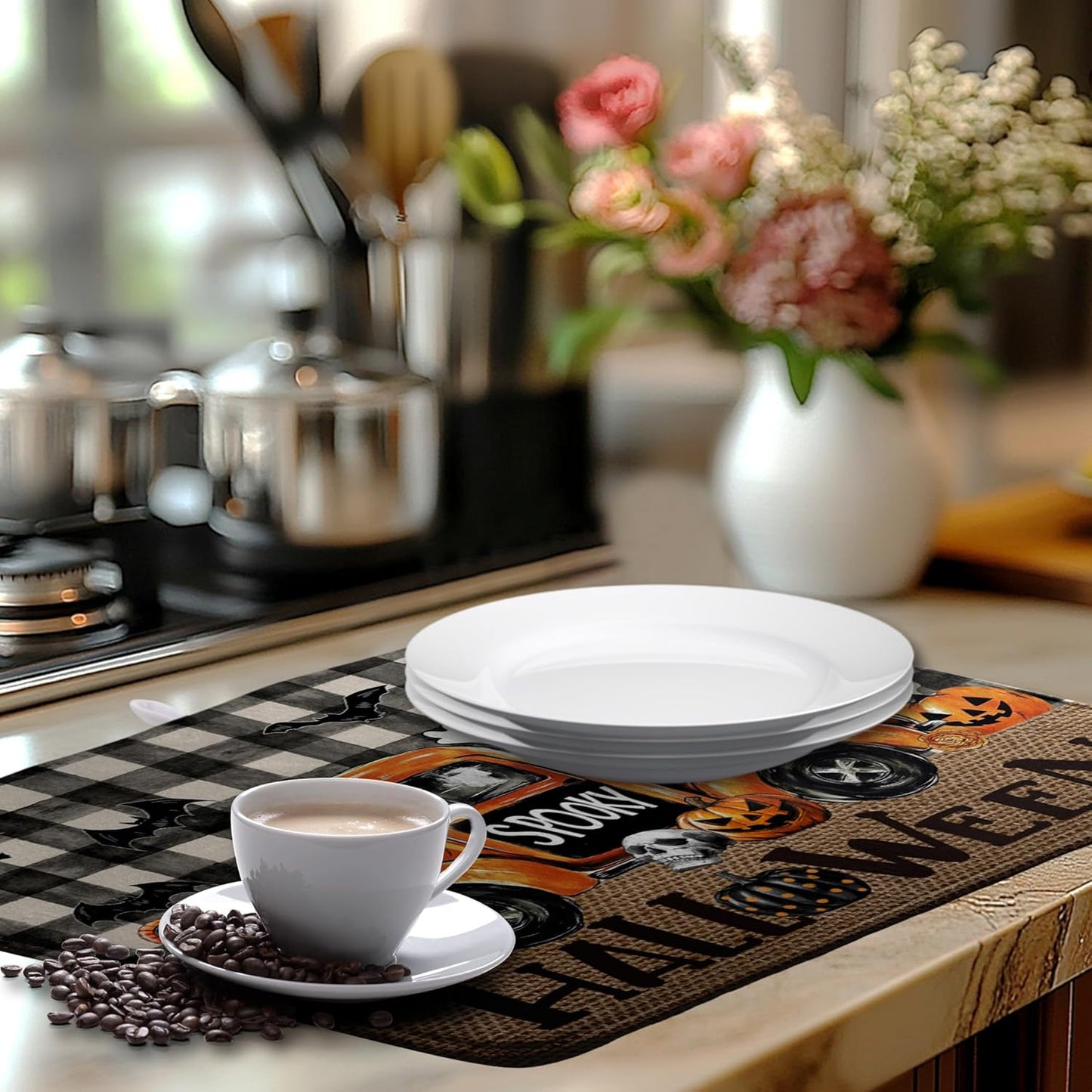 Halloween Buffalo Plaid Dish Drying Mat Fall Pumpkin Rustic Large Kitchen Mats Dish Drying Pad Absorbent Dish Dryer Mat for Kitchen Countertops Microfiber Drainer Pad Dish Drying Mats (18x24 in)