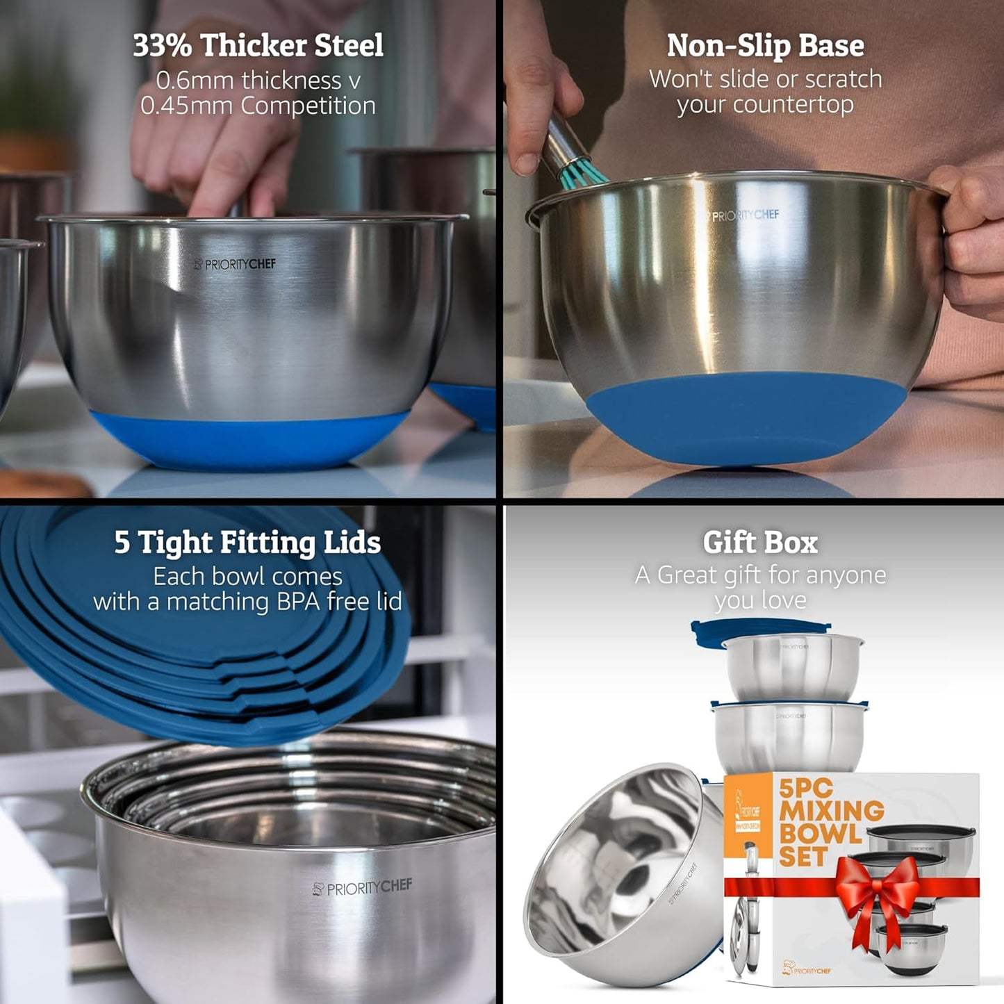 Priority Chef Premium Mixing Bowls With Airtight Lids Set, Thicker Stainless Steel Mixing Bowl Set, Large Prep Metal Bowls with Lids, Nesting Bowls for Kitchen, 1.5/2/3/4/5 Qrt, Blue