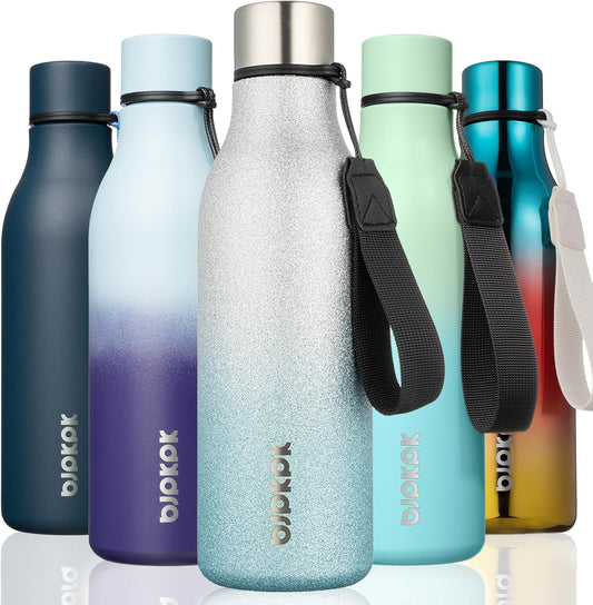 BJPKPK Insulated Water Bottles, 18 oz Stainless Steel Metal Water Bottle with Strap, BPA Free Leak Proof Thermos,Mugs,Flasks, Reusable Water Bottle for Sports & Travel, Sparkling Silver Blue