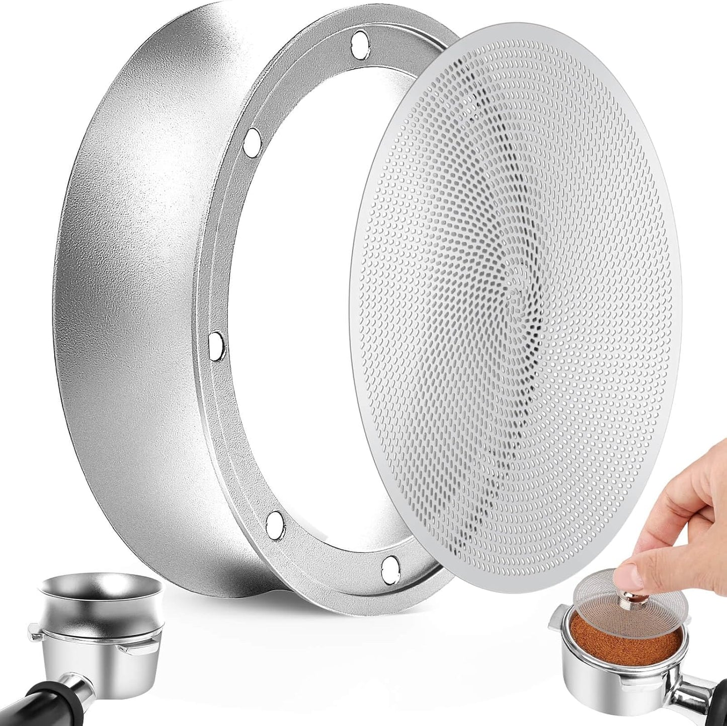 51mm Magnetic Dosing Funnel and Puck Screen Set - Espresso Coffee Dosing Ring, 19mm Anodized Aluminum with 8 Neodymium Magnets Compatible with 51mm CASABREWS/Delonghi Decica Portafilter (Silver)