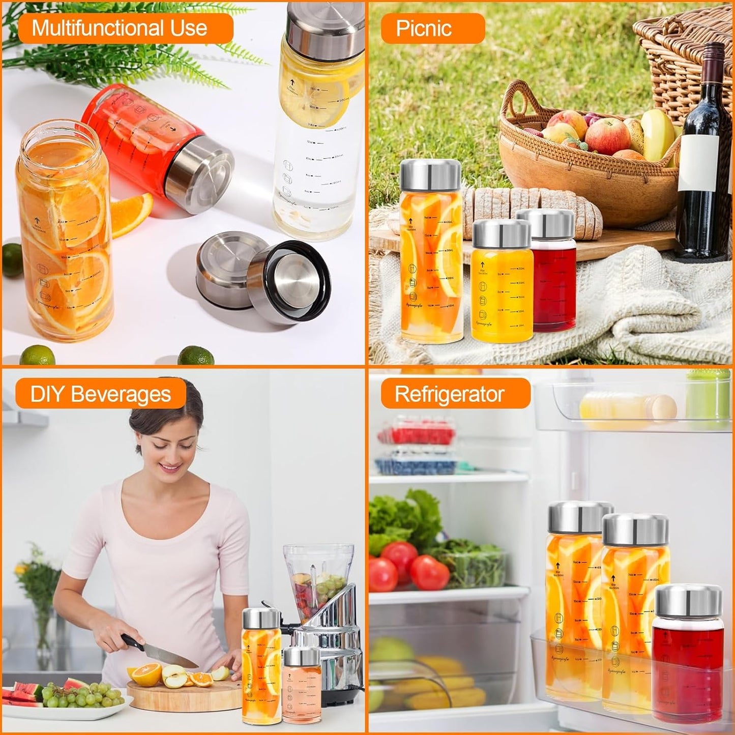 Glass Juice Bottles 4 Pack 10 oz - Wide Mouth Glass Water Bottles with Lids - for Juicing, Smoothies, Milk, Protein, BPA Free, Reusable, Stainless Steel Lids, Leak Proof, Shaker bottle [10oz/300ml]