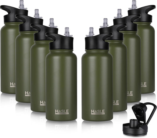 HASLE OUTFITTERS 32 oz Insulated Water Bottle Stainless Steel Double Walled Vacuum Sports Water Bottle with 2 Lids (Straw and Spout Lid) for Gym Camping Hiking(Army Green,8)