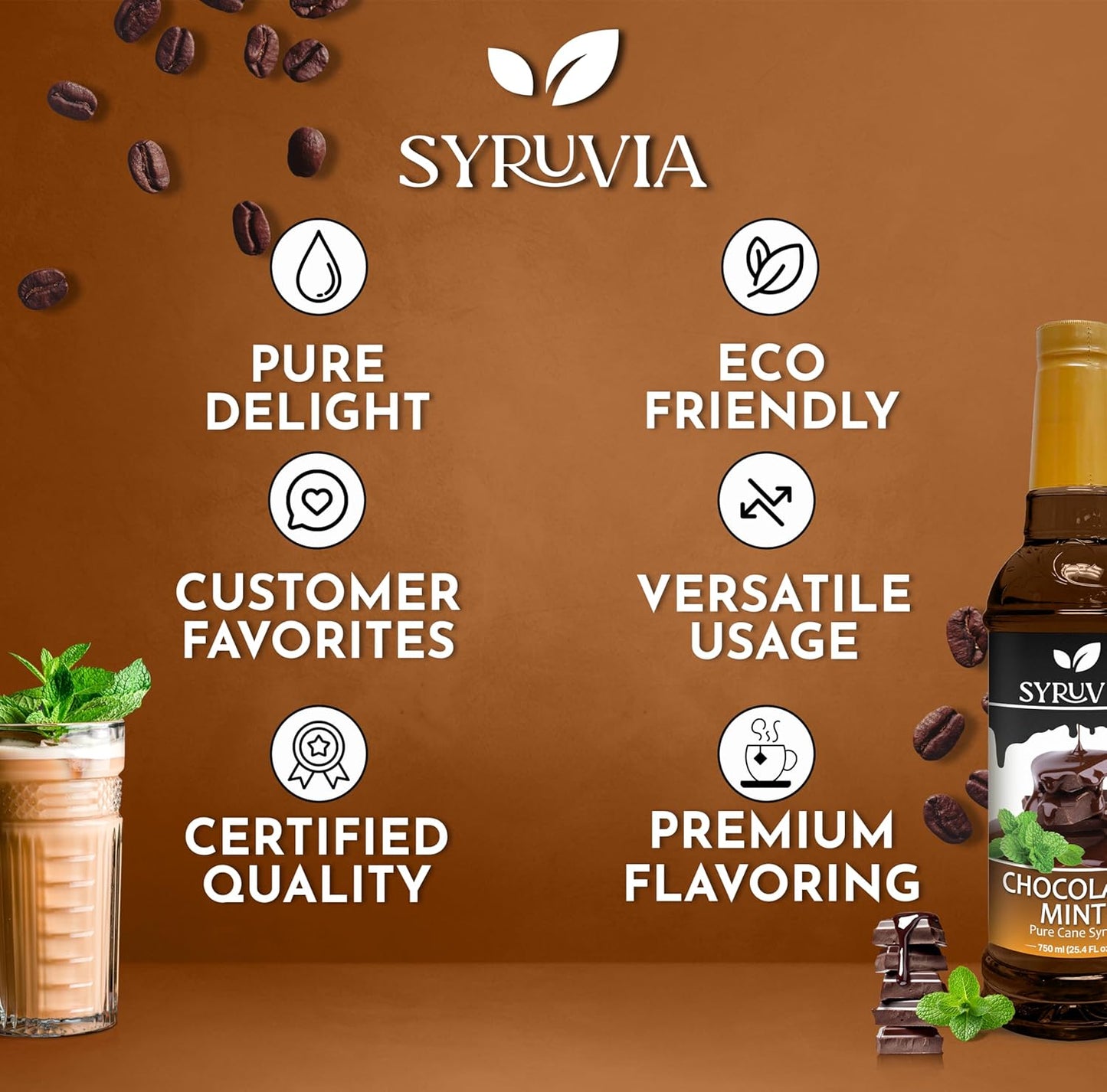 Syruvia Chocolate Mint Coffee Syrup - 25.4 fl oz - Kosher Coffee Syrups, Gluten Free, No Coloring, Perfect for Drinks, Soda, Shakes, Desserts, and More.