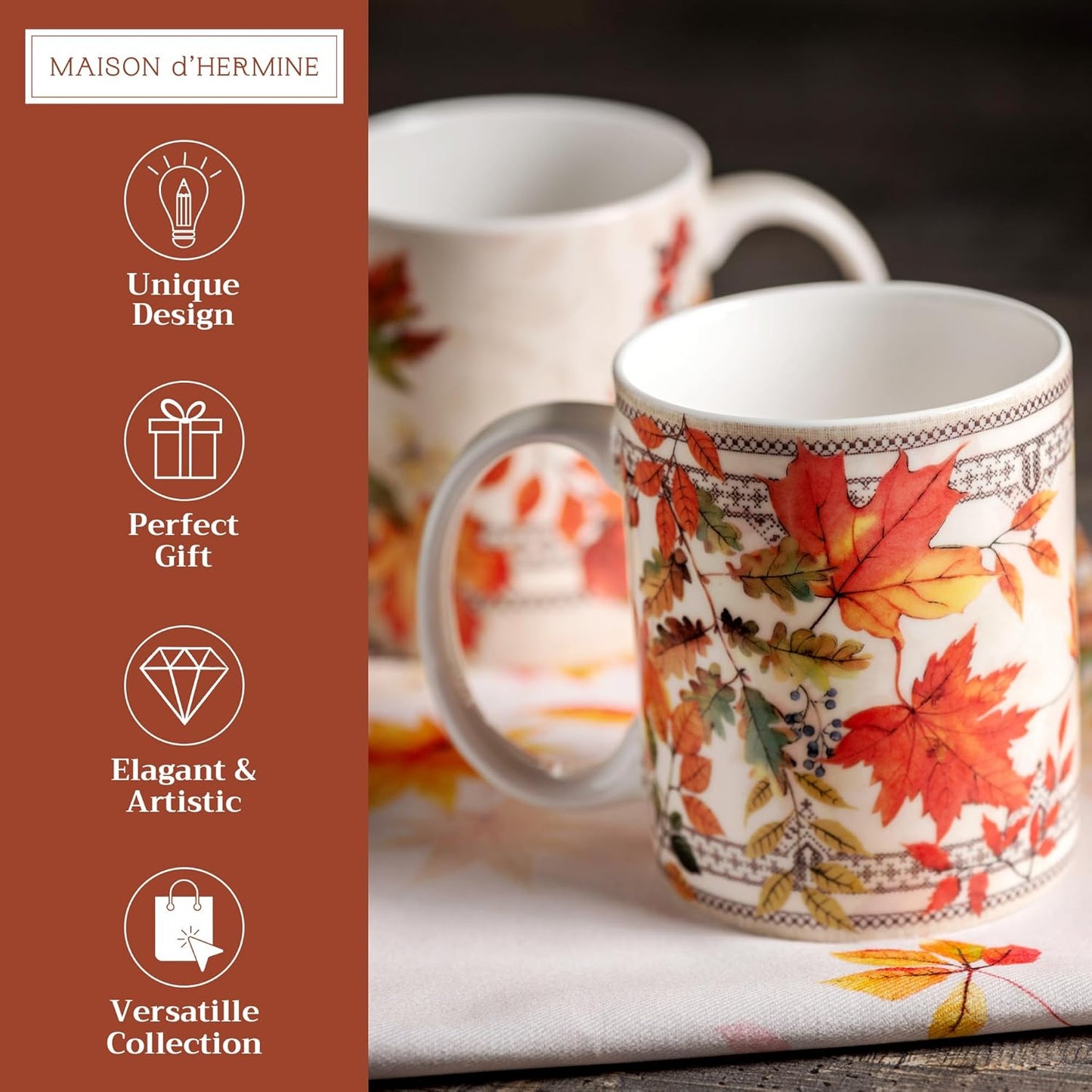 Maison d' Hermine Coffee Mug with Handles Fine Bone China Mugs Pack of Two Tea Cups for Hot Beverages Cappuccino Latte Home Restaurant Office Perfect for Gift (Amarante, 15 Ounce)