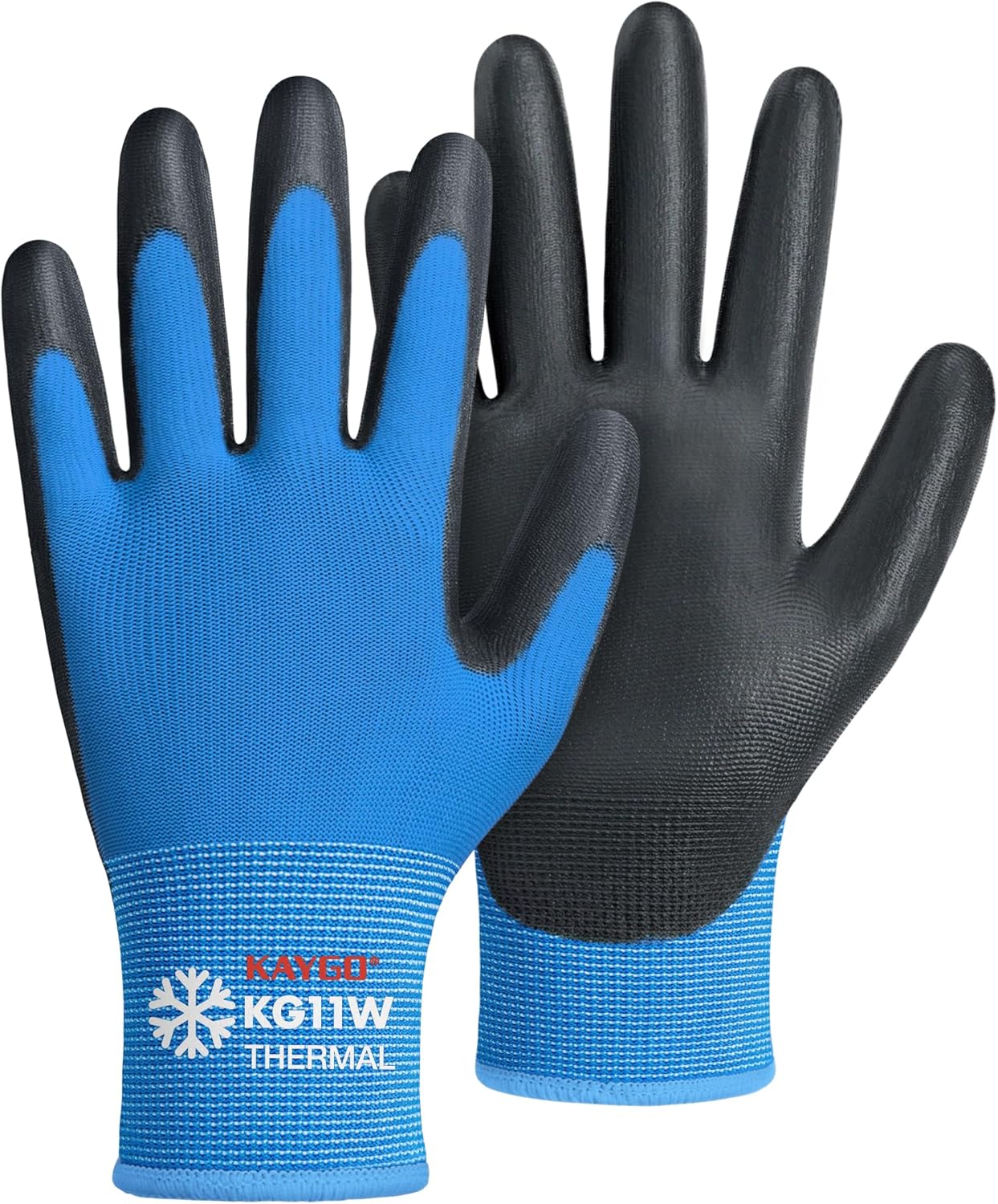 KAYGO Winter Work Gloves for Men and Women, 12 Pairs Thermal Insulated Safety Work Gloves PU Coated, Smooth Grip on Palm & Fingers,Ideal for Freezer Work,Blue,M
