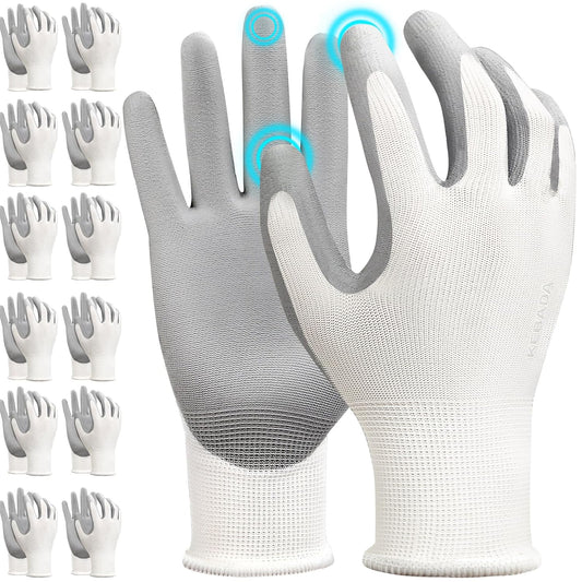 Kebada W1 Work Gloves for Men and Women, 12 Pairs Touchscreen Safety Gloves with Grip, PU-Coated, Ideal for Light & Medium Duty Tasks, White, XX-Large