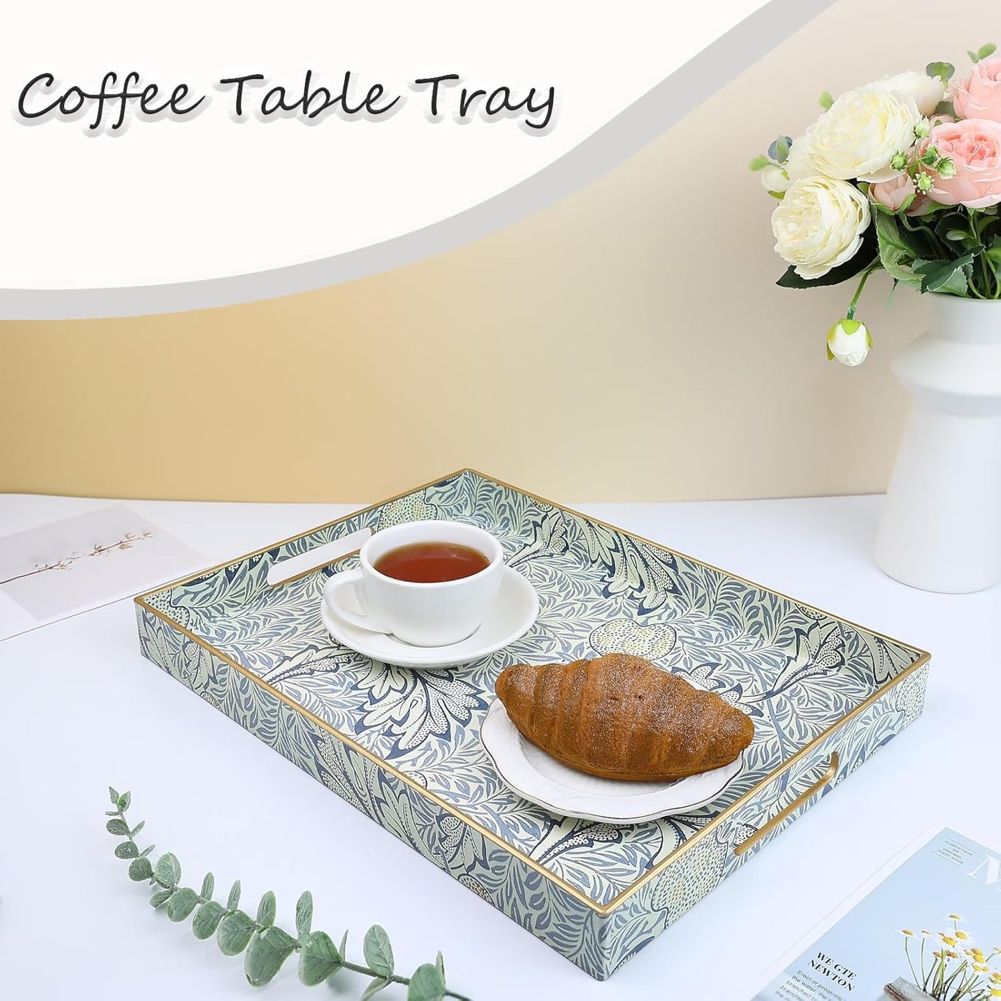 Rectangle Plastic Serving Tray with Handles, Elegant Decorative Tray for Coffee Table, Ottoman, Living Room, Kitchen, and Outdoor Use. 12"*16"*1.6" F