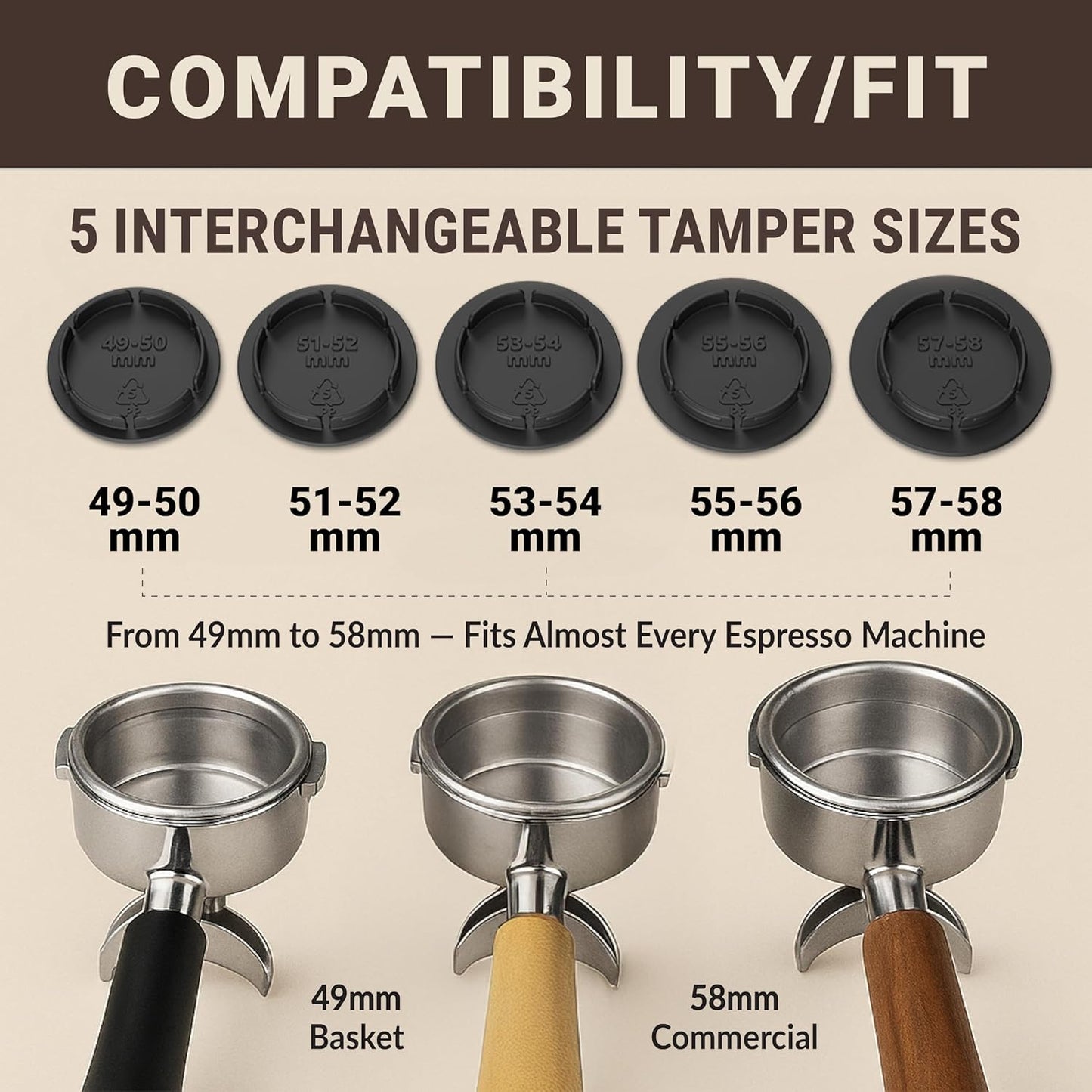 Koffee Zen Espresso Tamper Set, 5 Interchangeable Sizes (49–58mm), Dual Coffee Scoop (1 & 2 TBSP), Fits Breville, Delonghi & More