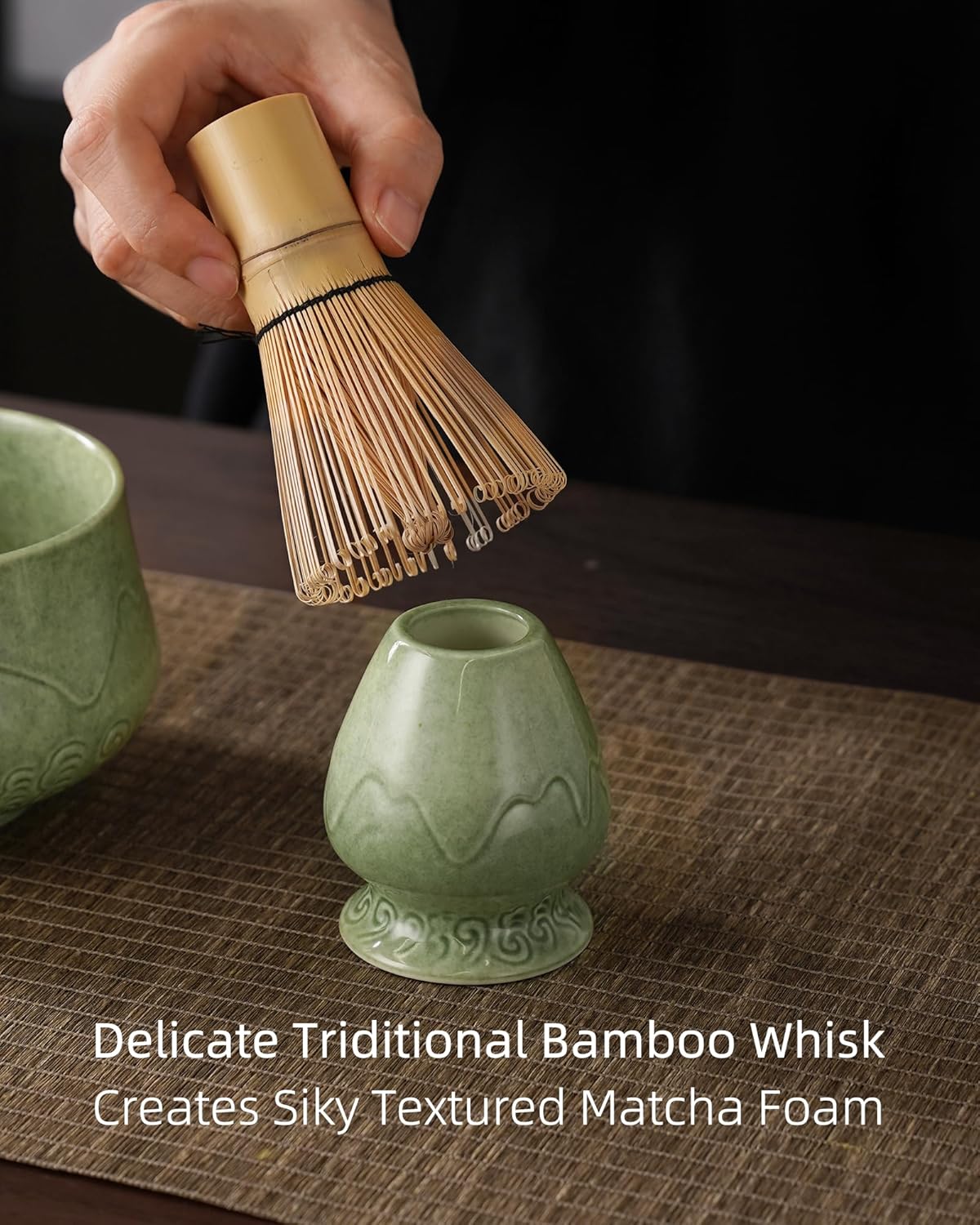 ZENS Matcha Whisk Set, 15oz Ceramic Matcha Set Includes Matcha Bowl, Bamboo Whisk & Chasen Holder, Sifter, Scoop & Tea Towel, 6pcs Matcha Kit for Matcha Latte, Emerald Green